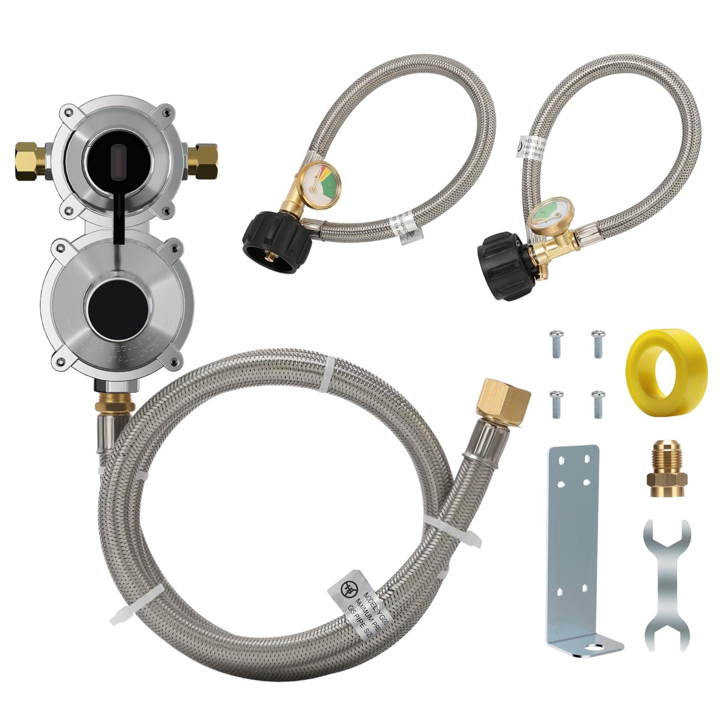 Roastove 2 Stage Auto Changeover RV Regulator, 18inch Stainless Steel Hose with Liquid Level Gauge 2 Packs and 1 Pack 4ft Hose, 1/4" Inverted Male Flare, 3/8" NPT Male,with Spanner and Teflon Tape