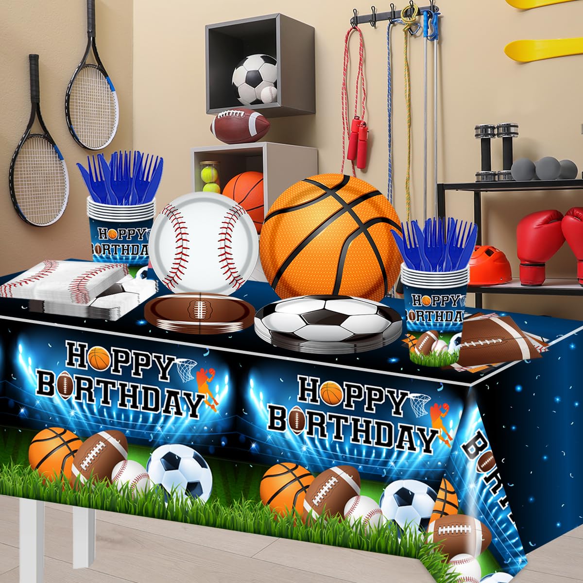 CMUSKO Sports Birthday Party Decorations - 142Pcs Sports Theme Plates and Napkins Kit - All Star Basketball, Football, Baseball, Soccer - Serves 20 Guests - Red Balls Pattern