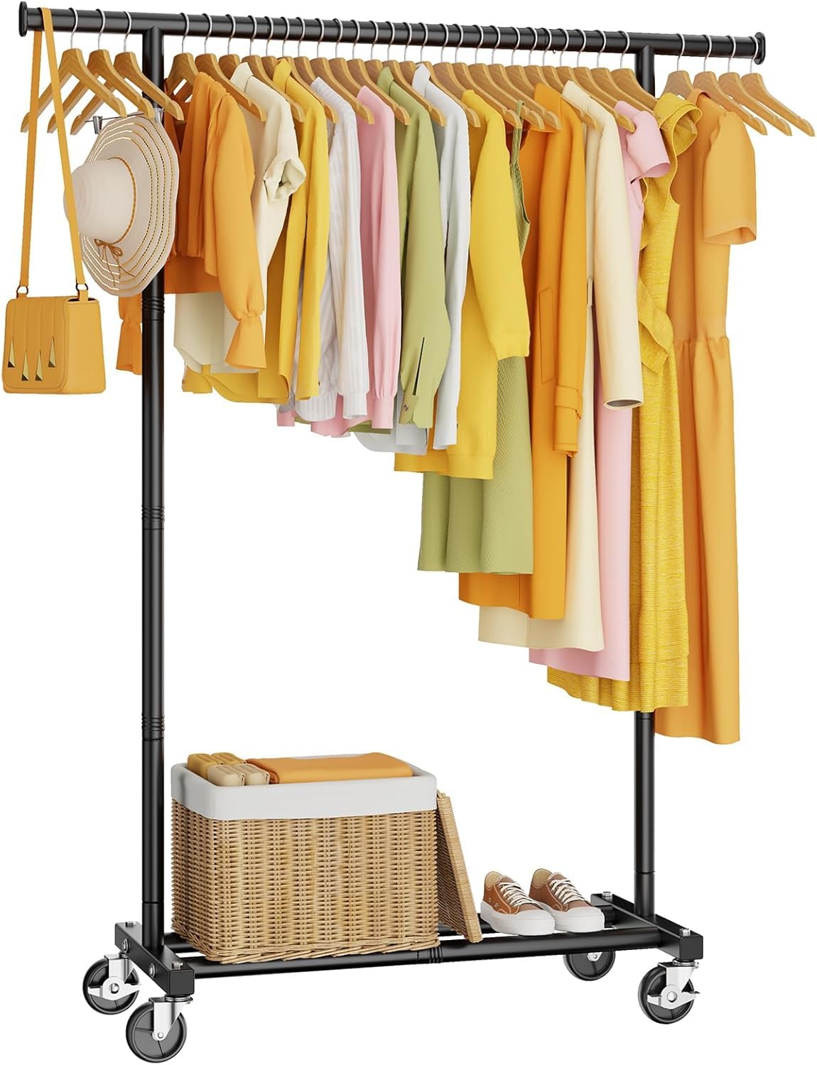 HYSEYY Clothing Rack, Rolling Clothes Rack, Metal Garment Rack with Lockable Wheels & Storage Shelf, Sturdy Coat Rack for Bedroom, Laundry Room, Portable Wardrobe Rack - 162H x 118W x 42D cm (Black)
