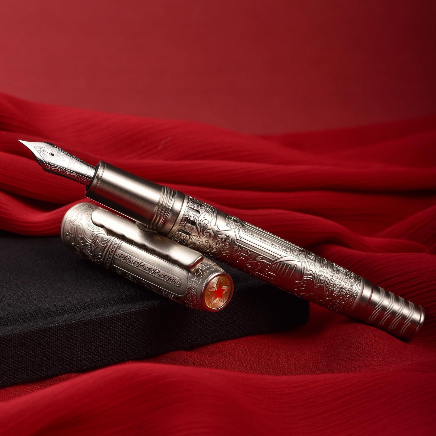 Hongdian 100 Piston Fountain Pen Silver Steel, Iridium Medium Nib Calligraphy Pen, Smooth Writing Pen with Pen Case Set