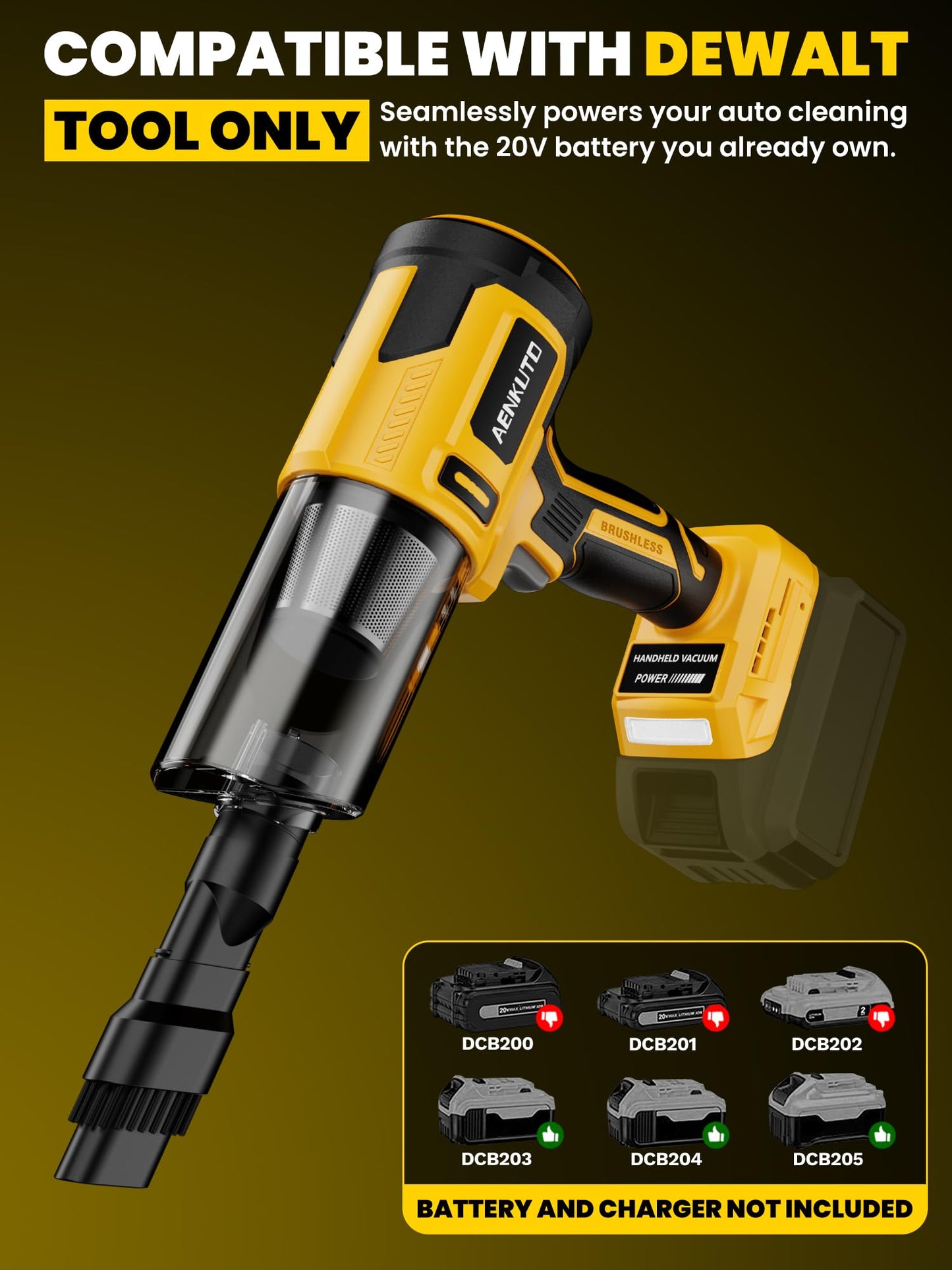Cordless Car Vacuum Cleaner Compatible with Dewalt 20V MAX Batteries, Portable Handheld Vacuum for Pet Hair & Sand, Capable of Quick Vehicle Interior & Garage Cleanup, (Battery Not Included)