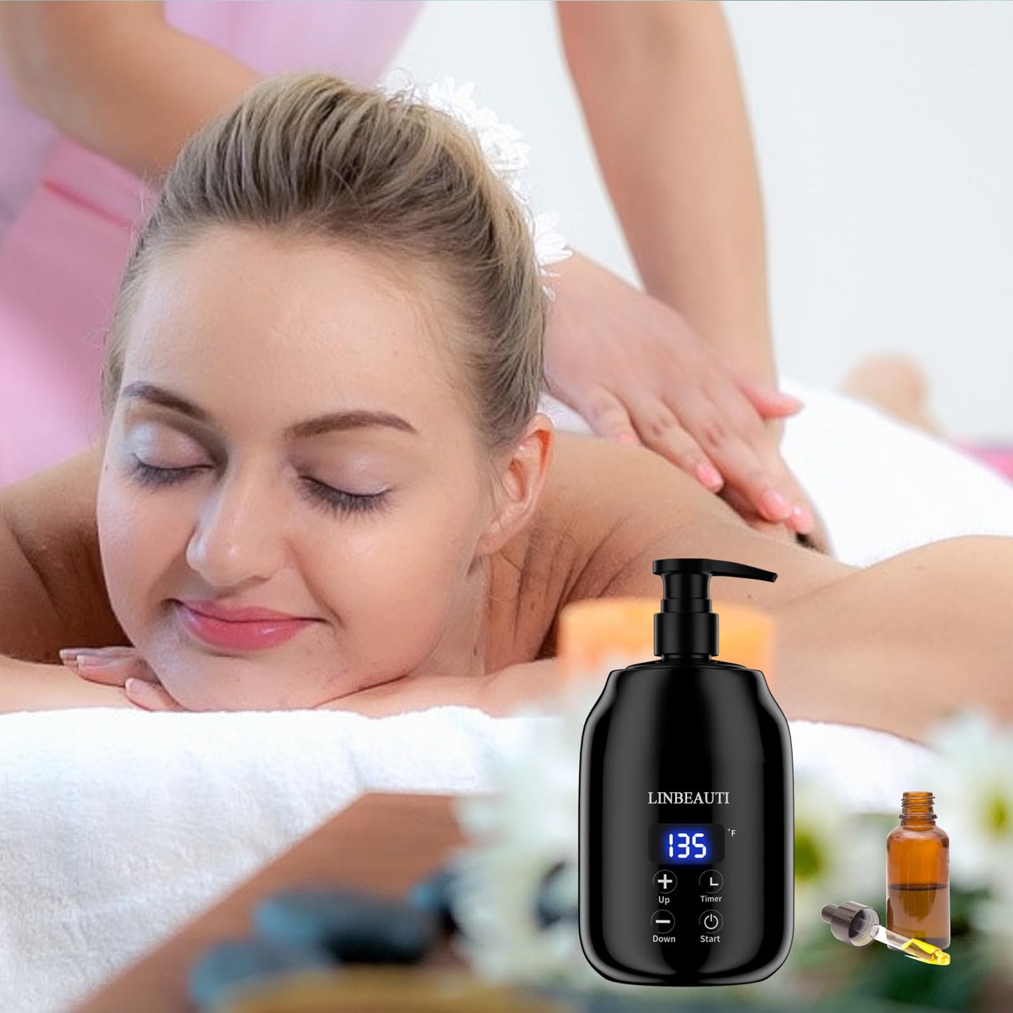 Massage Oil Warmer with Two Oil Bottle Dispenser, Lotion Bottle Warmer Dispenser Heater, Smart Touch Key Electric Warm Lotion Dispenser, Lube Gel Cream Warmer for Home Pro Salon Spa Massage (black)