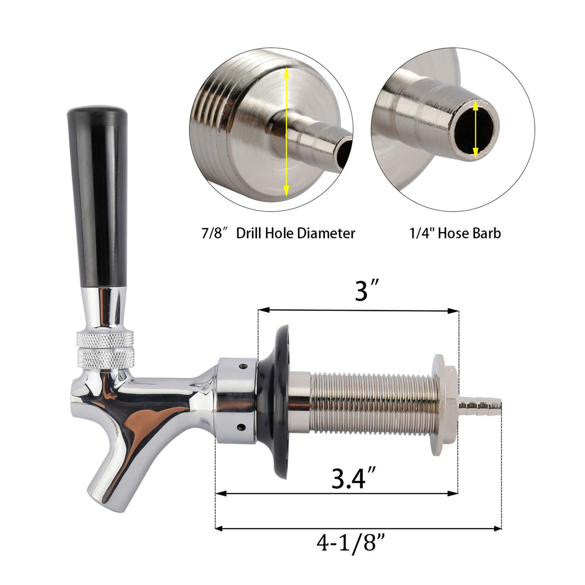 RealPlus 2 Pack of Draft Beer Faucet with 4.1" Shank,Black Handle and Tap Brush for Homebrew 1/4 Barbed Fitting