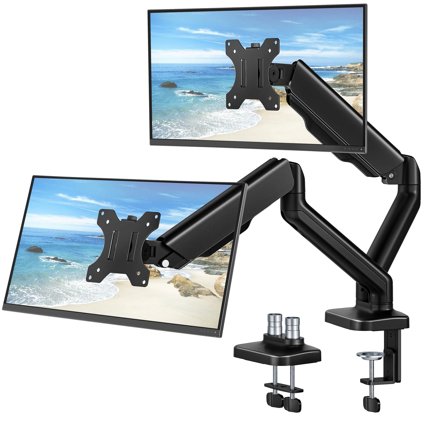 monTEK Heavy Duty Dual Monitor Arm for 17-32” Flat/Curved Screens, Premium Mechanical Spring Monitor Arm up to 19.8 lbs, Full Motion Monitor Desk Mount with Quick-Release VESA 75/100mm, Clamp/Grommet