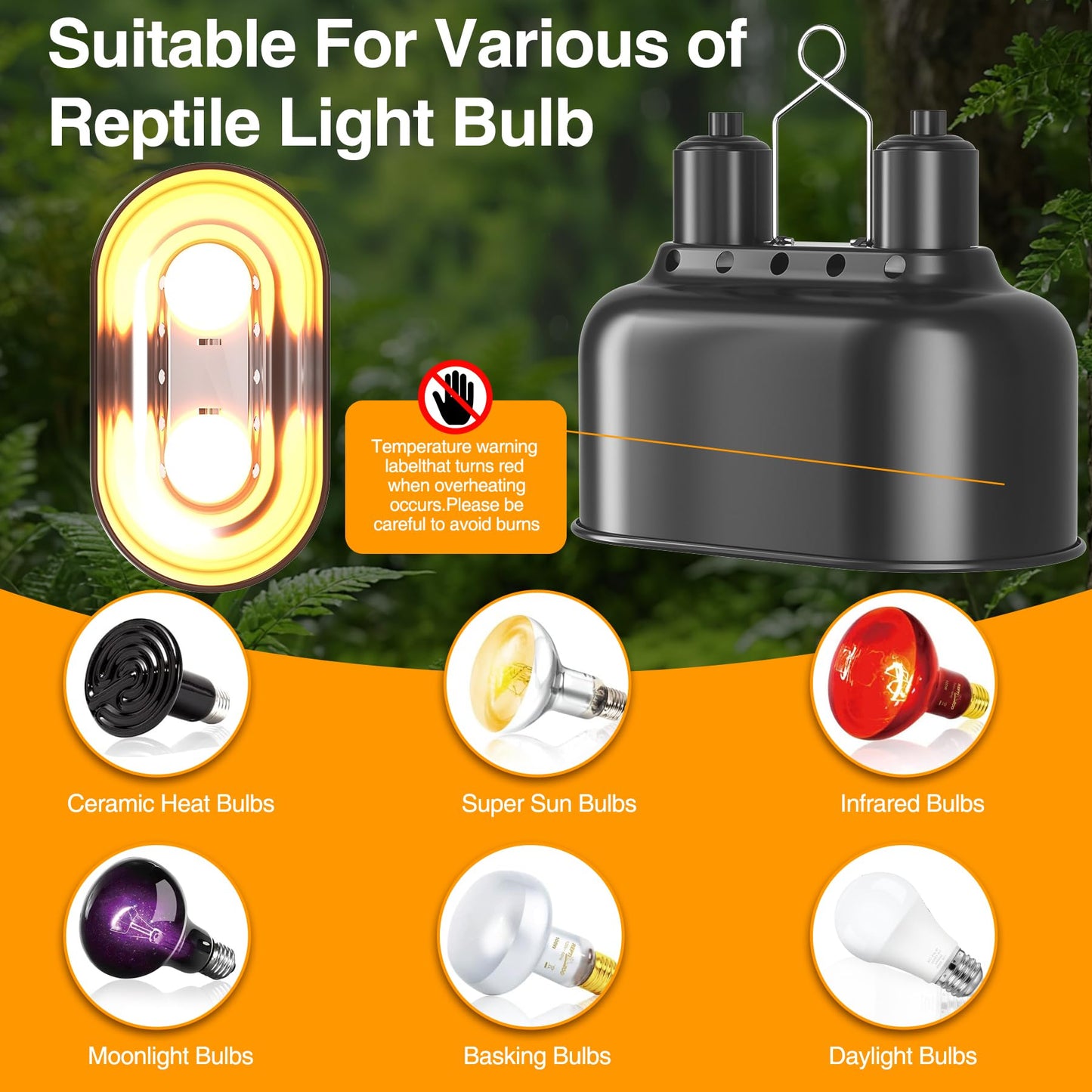 AOKSURE Dual Reptile Light Fixture with Switches, Reptile Heat Lamp Fixture, Reptiles Terrarium UVB Bulb Fixture for Bearded Dragon, Max 100W Each