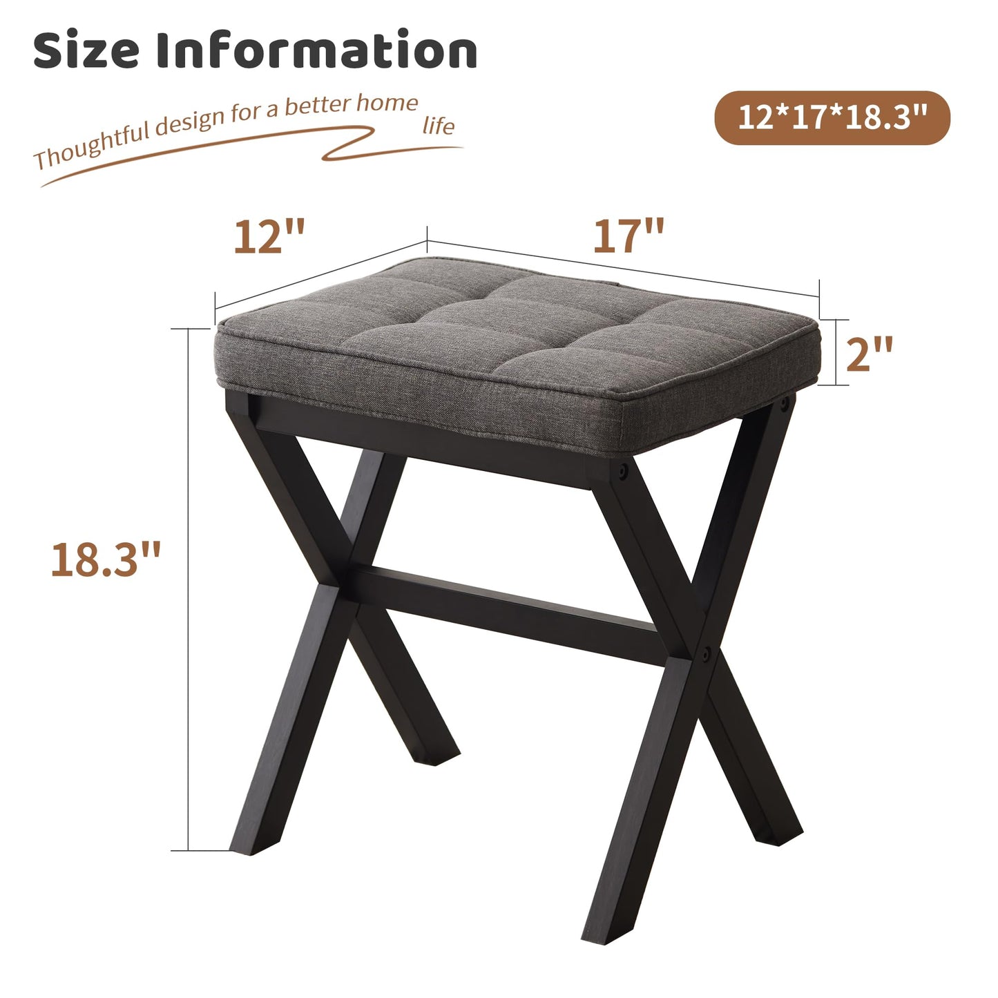 FILWH Foot Stool Small Ottoman Padded for Under Office Desk, Vanity, Sofa - Bamboo Footrest Shoe Stool (Black Legs + Gray)