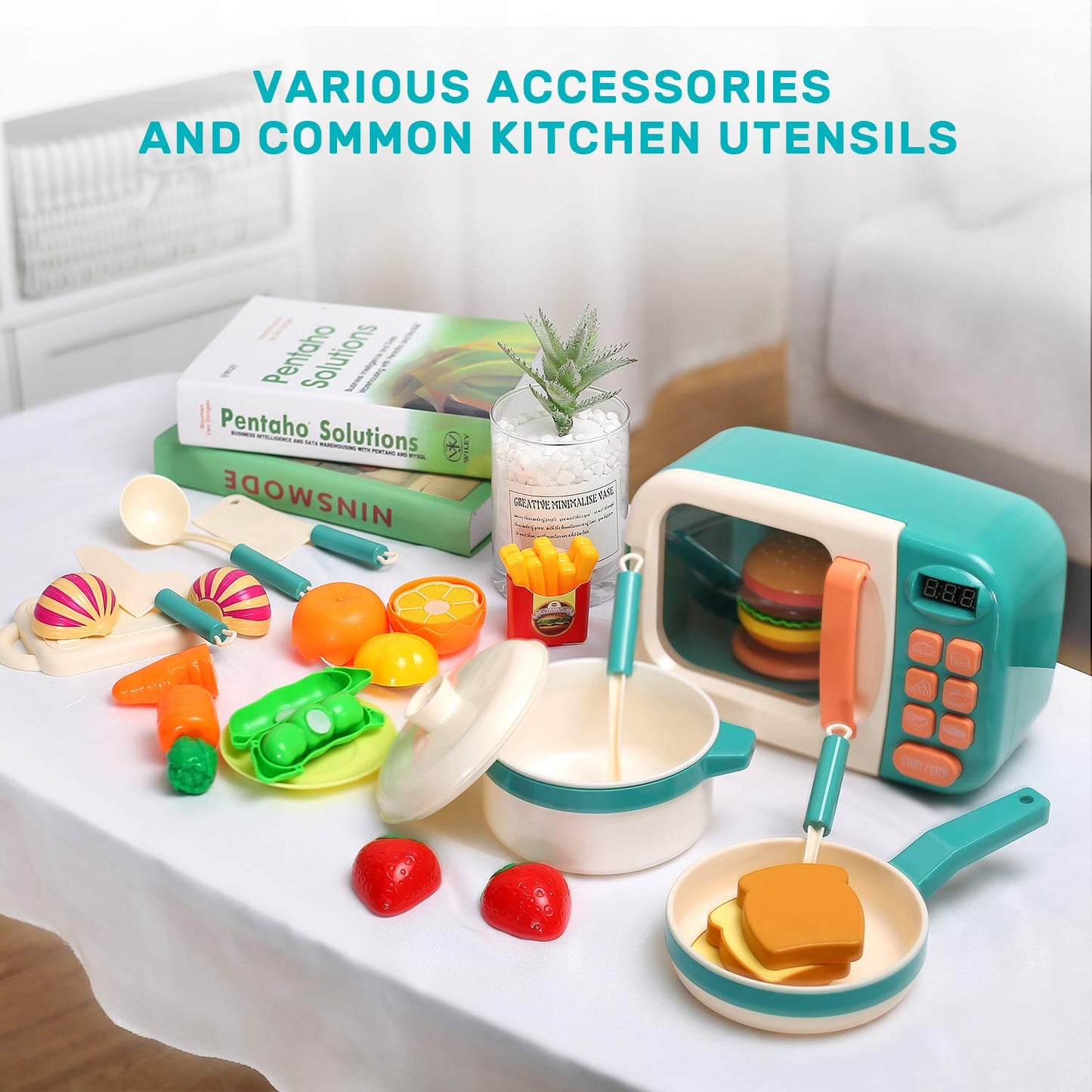 CUTE STONE Kids Play Kitchen Set, Pretend Play Microwave Toys, Kitchen Oven with Play Food, Play Cookwares Toy Pot and Pans Set, Cooking Utensils, Learning Gifts for Kids Toddlers Girls Boys