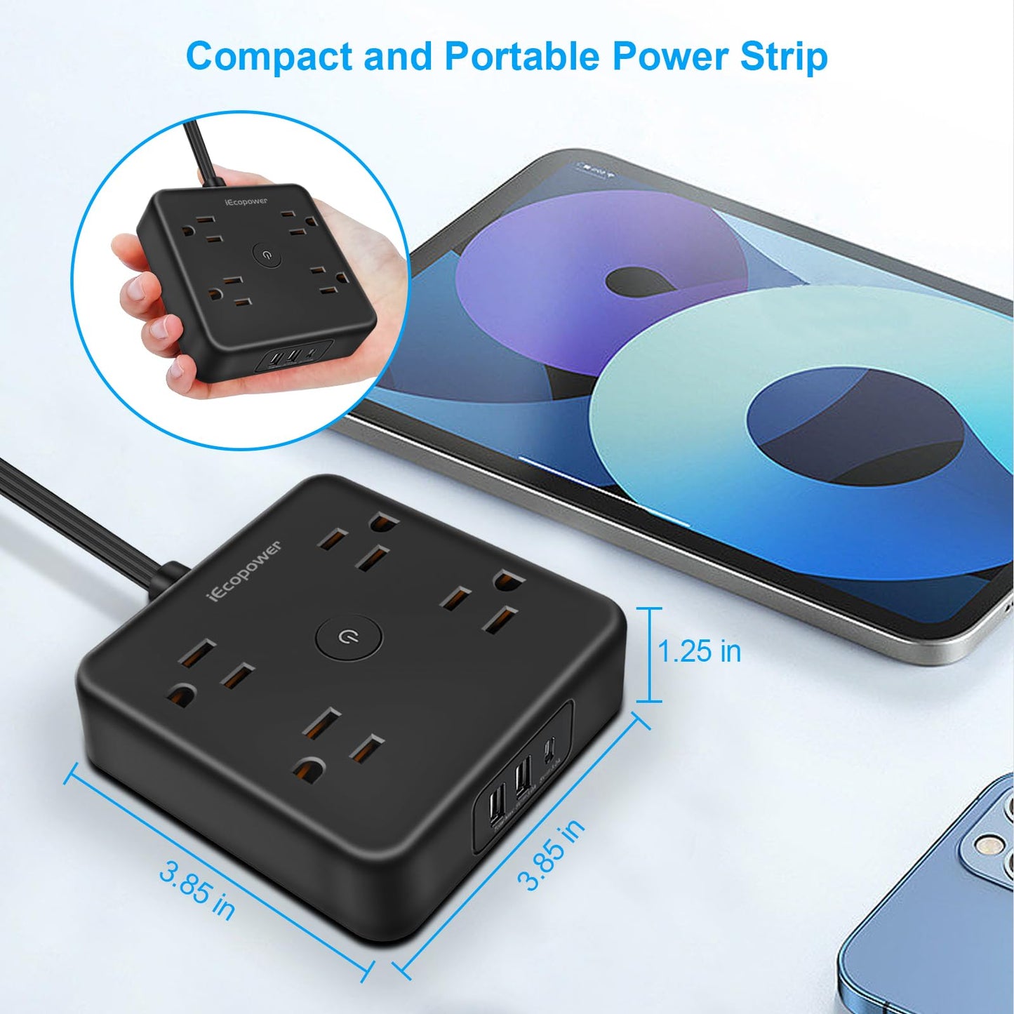 2 Pack Ultra Flat Plug Power Bar,Power Bars with Surge Protection-4 Widely Outlets,6 ft Flat Plug Extension Cord with 3 USB Ports(1 USB C Port),Slim Desk Charging Station,Black