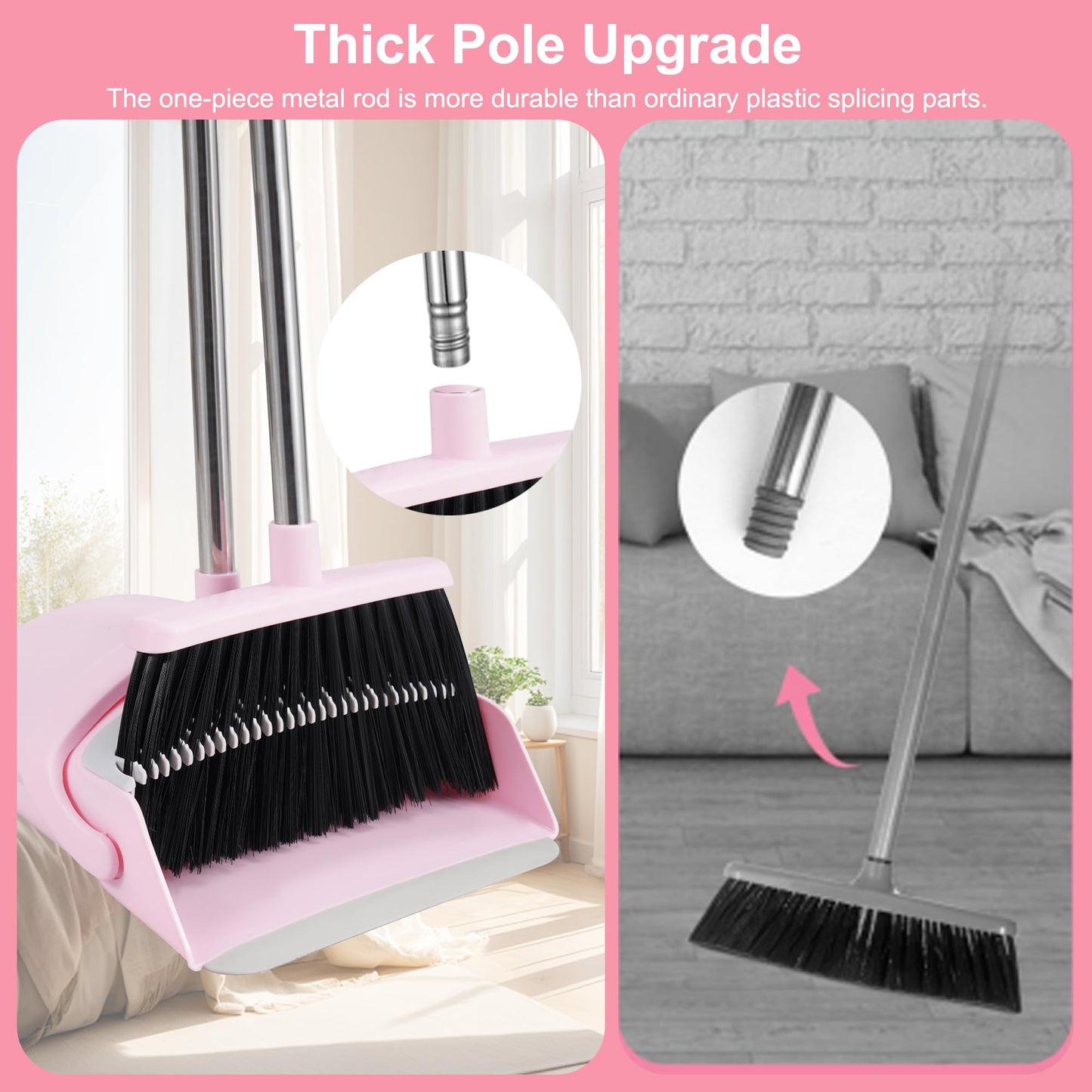 BSKLIN Pink Broom and Dustpan Set, 52” Long Adjustable Handle Broom with Dustpan Combo Set with Dust Pan Teeth to Clean Hair for Home Lobby Office