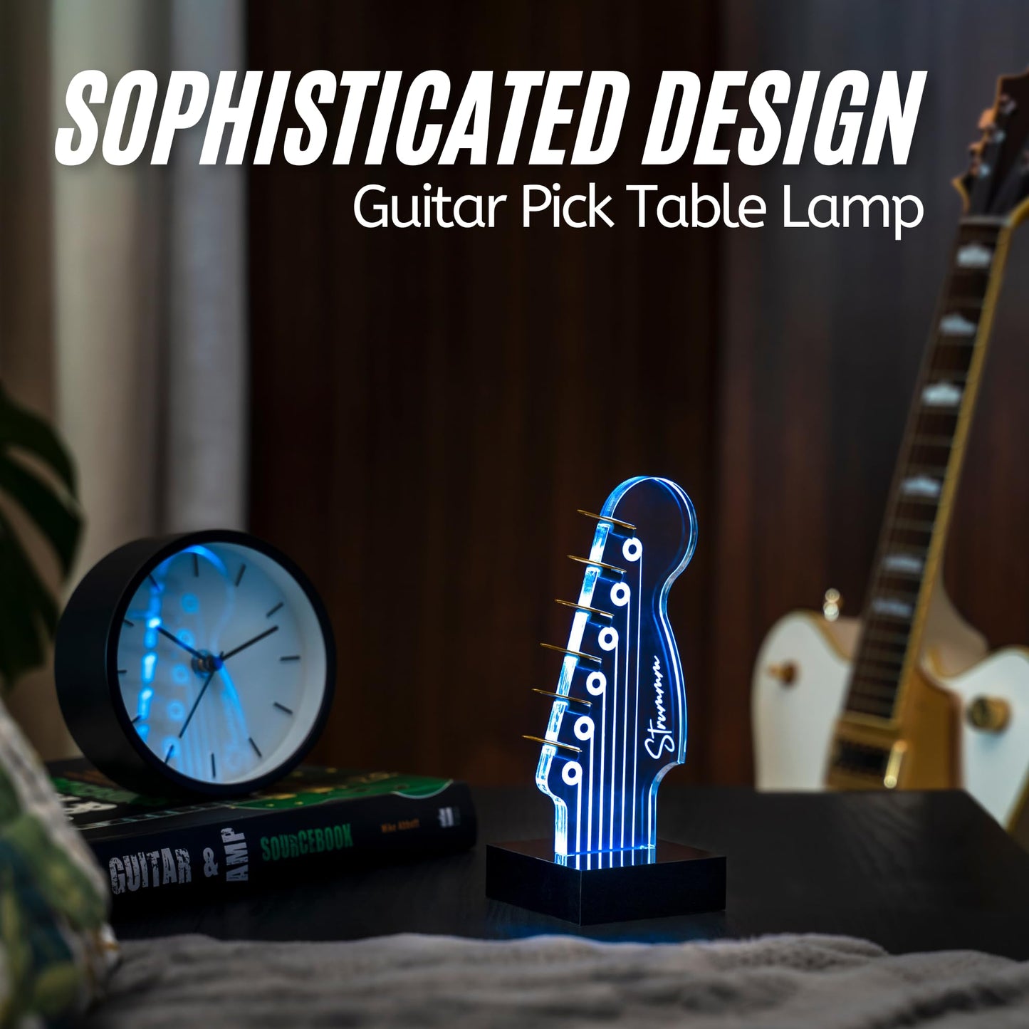 Strummm Color Changing Light Up Guitar Pick Holder – Authentic Electric Guitar Headstock Design Lamp with 7 Colors, USB Powered, Holds 6 Picks, Perfect Guitar Gift for Men, Musicians & Guitarists