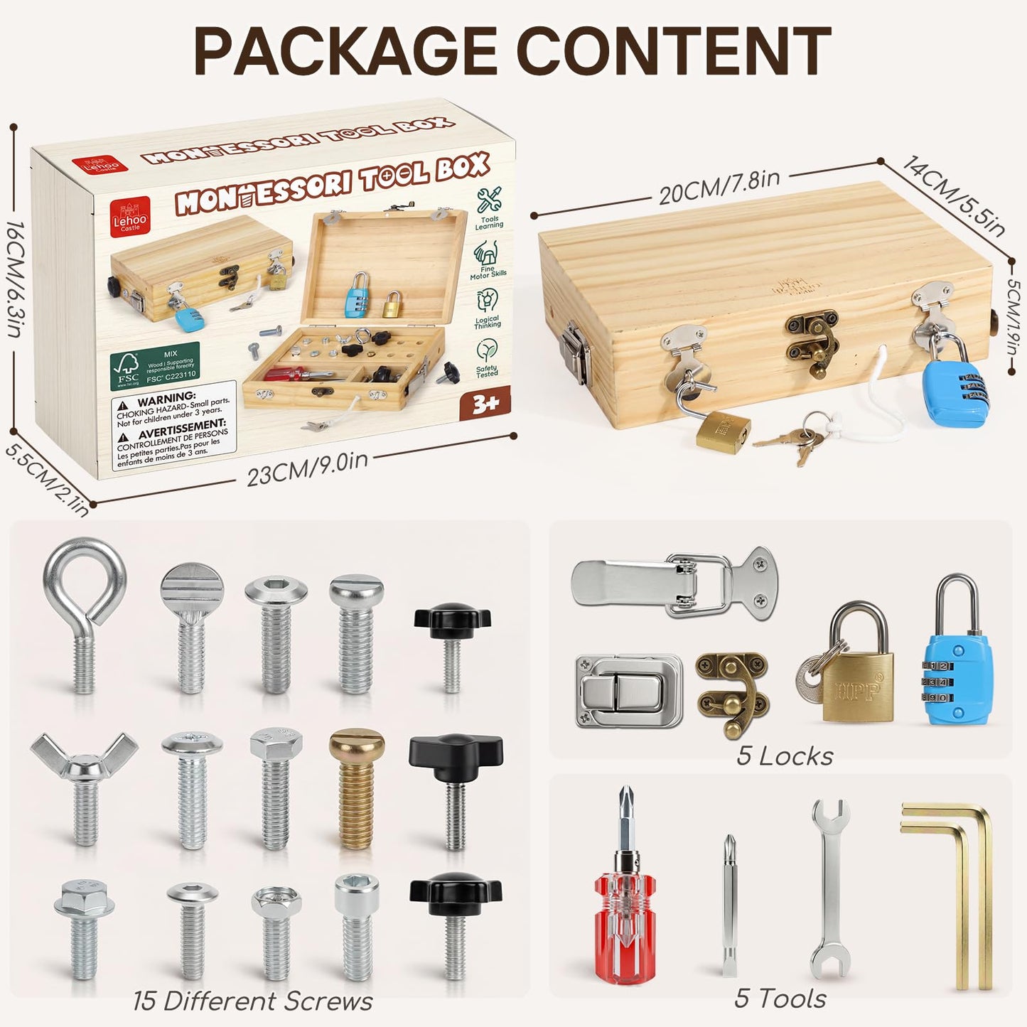 Lehoo Castle Montessori Toys for 3 4 5 Year Old Boys Girls, Wooden Screwdriver Board Set with Anti-Lost Keys & Real Locks, Fine Motor Skills Toddler Travel Toys & Kids Tool Kit