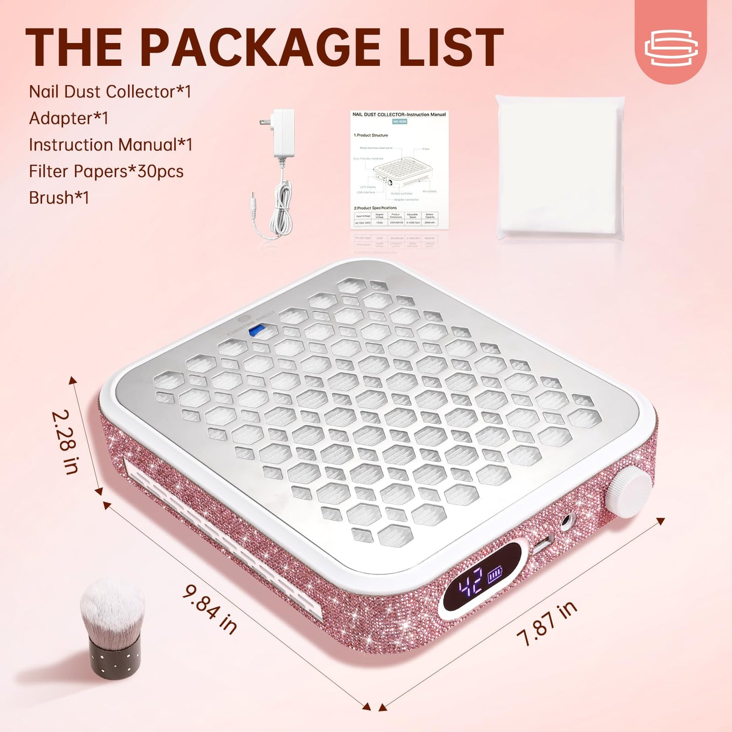 CHRISTINE SHELLY Nail Dust Collector, Rechargeable Dust Collector Nail Tech, Powerful Vacuum Fan Vent Dust Collector Extractor Dust Suction Machine for Acrylic Nails Polishing, Nail Salon&Home, Pink