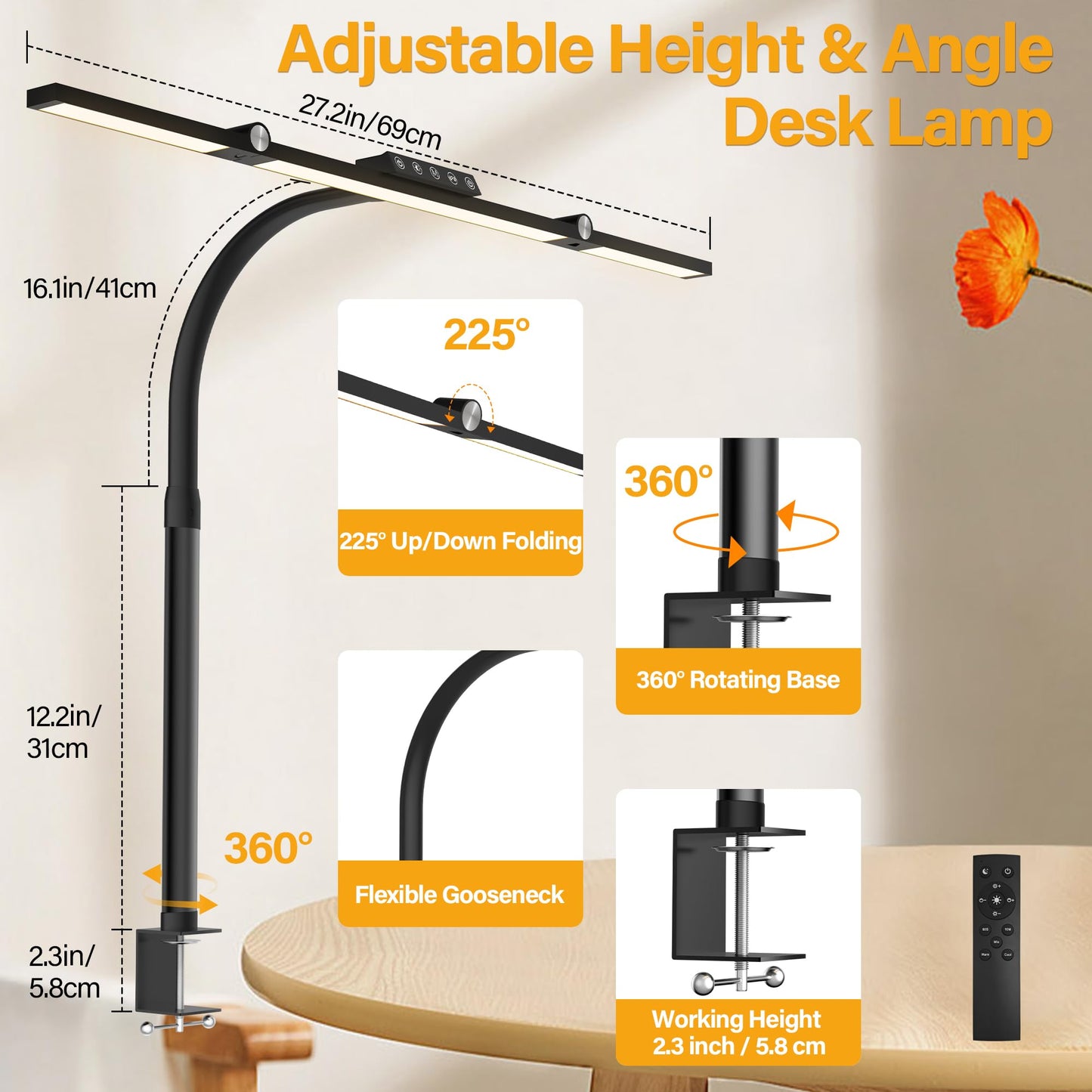 VOURTM LED Desk Lamp with Clamp, 24W Eye-Care Desk Light with Smart Remote, Stepless-Dimming and Color Temp Control, Architect Desk Lamp for Home Office, Workbench, Reading, Study, Painting