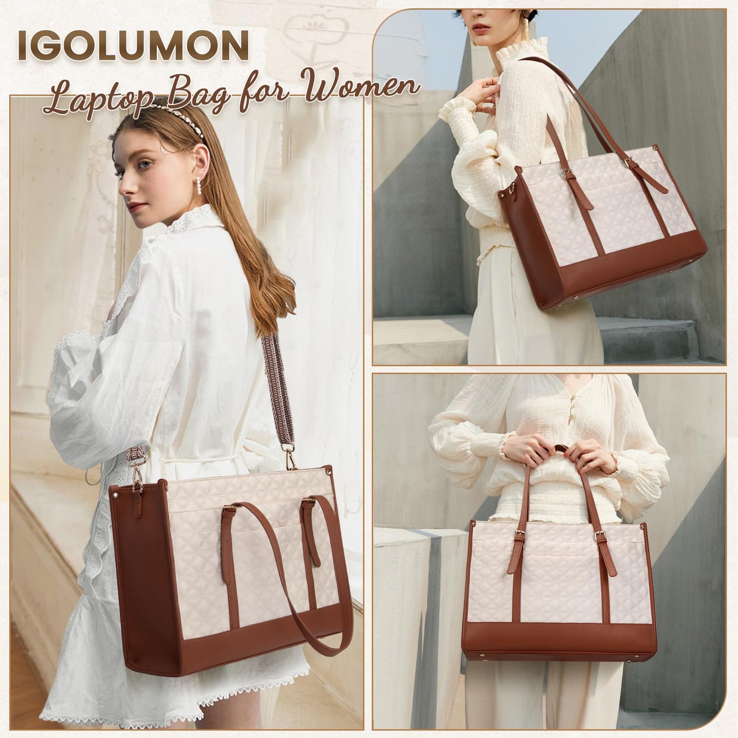 IGOLUMON Laptop Bags for Women Vegan Leather Laptop Bag 15.6 Inch Quilted Work Tote Bag Womens Laptop Briefcase for Business Travel Office Teacher Designer Computer Bag with Purse Beige & Brown