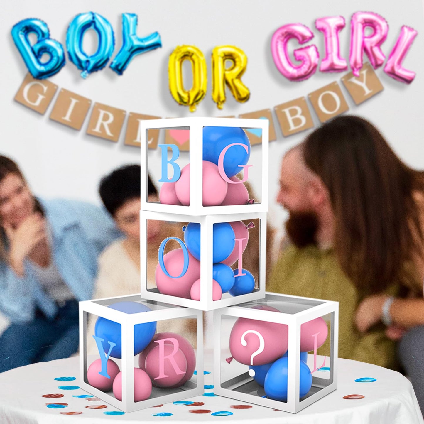 191pcs Pink Blue Gender Reveal Decorations, Boy or Girl Gender Reveal with Balloon Arch Kit, Baby Boxes, Fringe Curtains, Photo Props, Cake Copper
