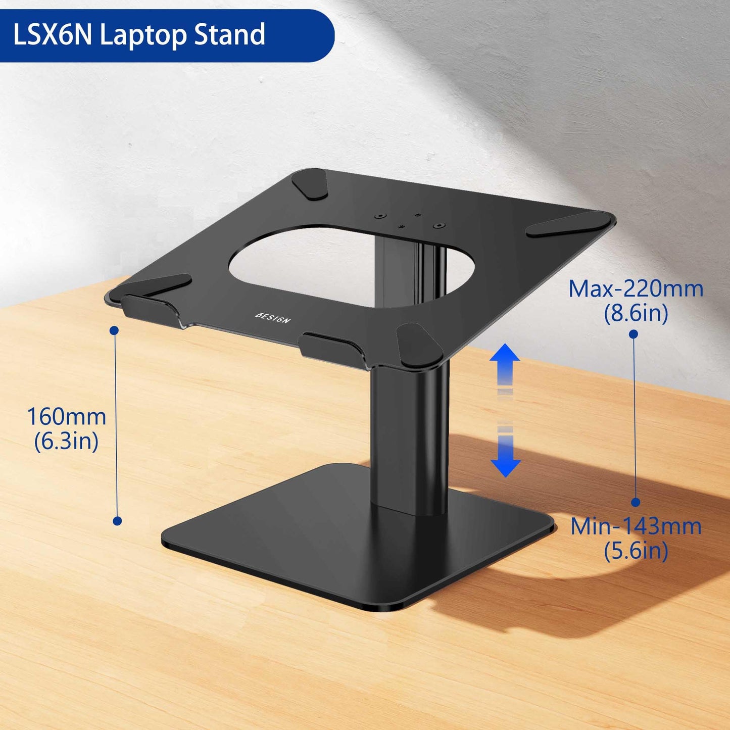Besign LSX6N Aluminum Laptop Stand, Ergonomic Adjustable Notebook Stand, Riser Holder Computer Stand Compatible with Air, Pro, Dell, HP, Lenovo More 10-14" Laptops, Black