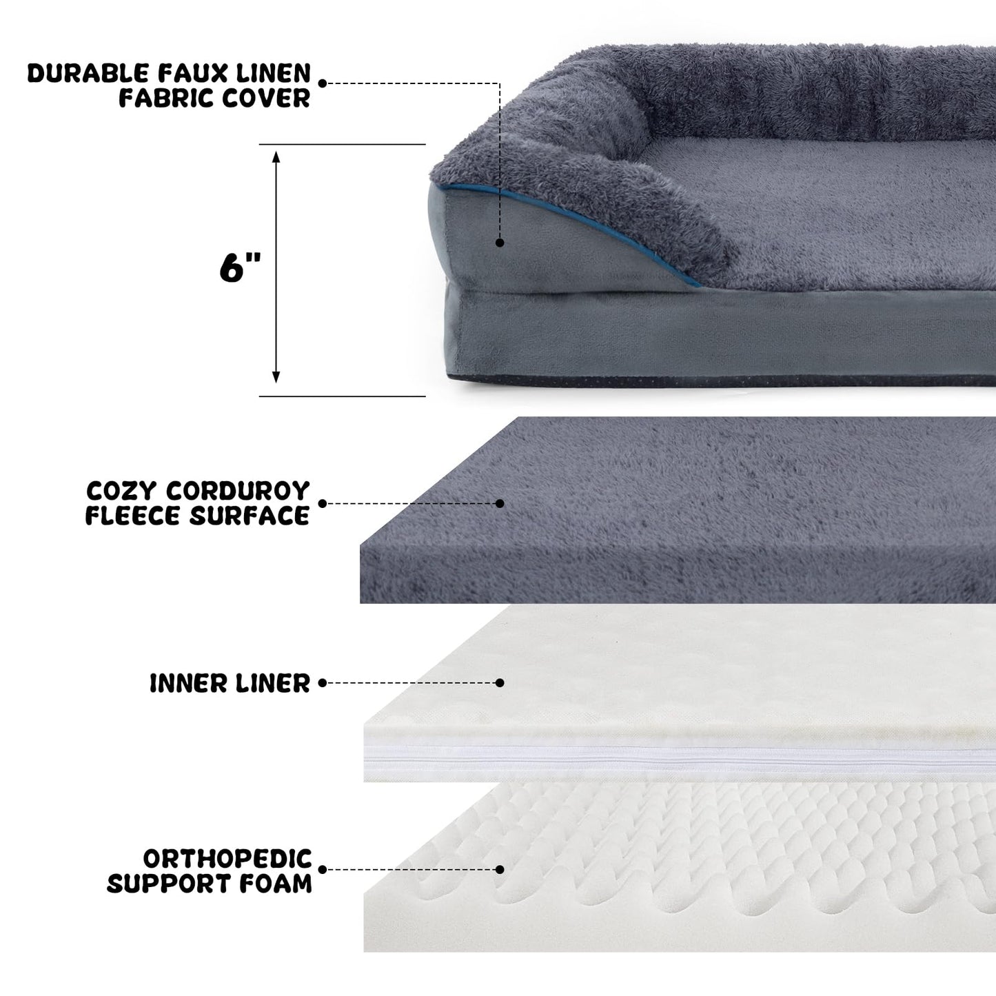 Bnonya Orthopedic Dog Bed, Dog Bed for Large Dogs, Bolster Pet Bed Couch with Removable Washable Cover, Egg Foam and Nonskid Bottom