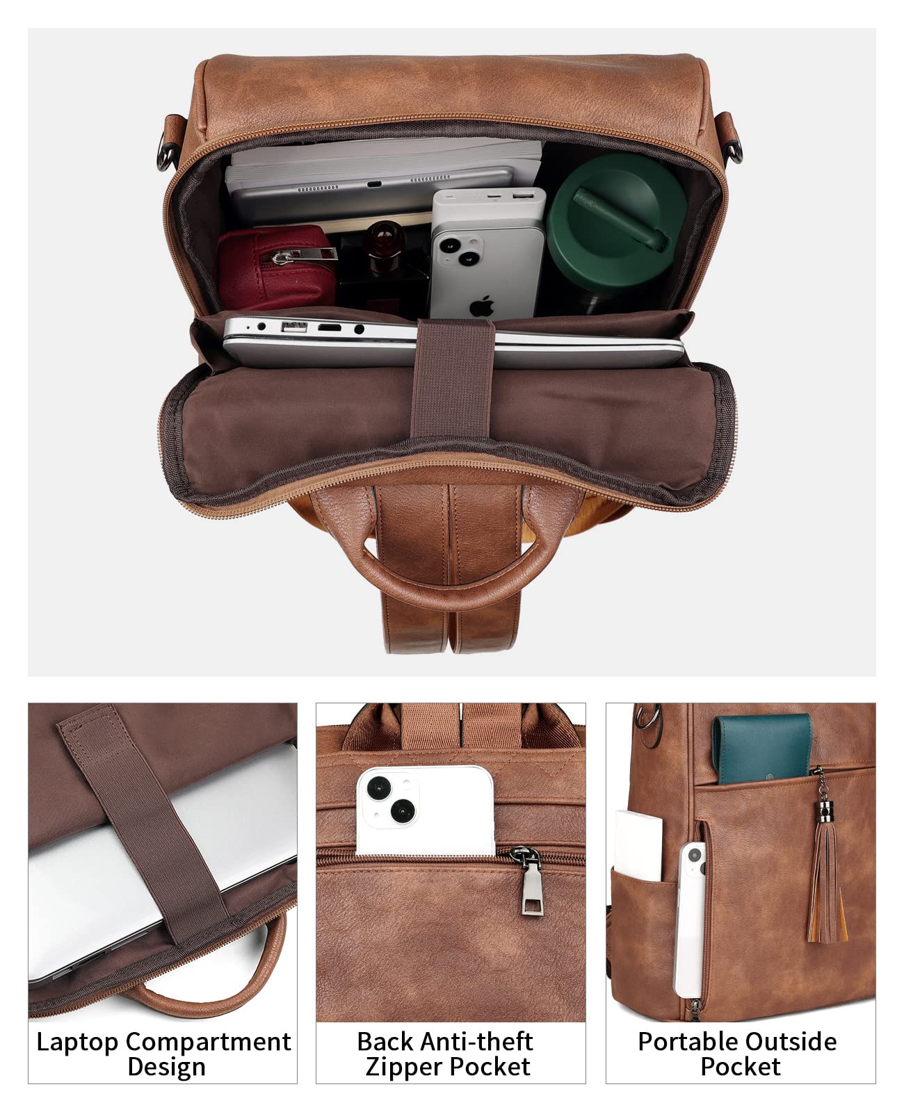 FADEON Leather Laptop Backpack for Women Designer 15.6 inch PU Laptop Bag, Ladies Travel Computer Work Backpack Brown