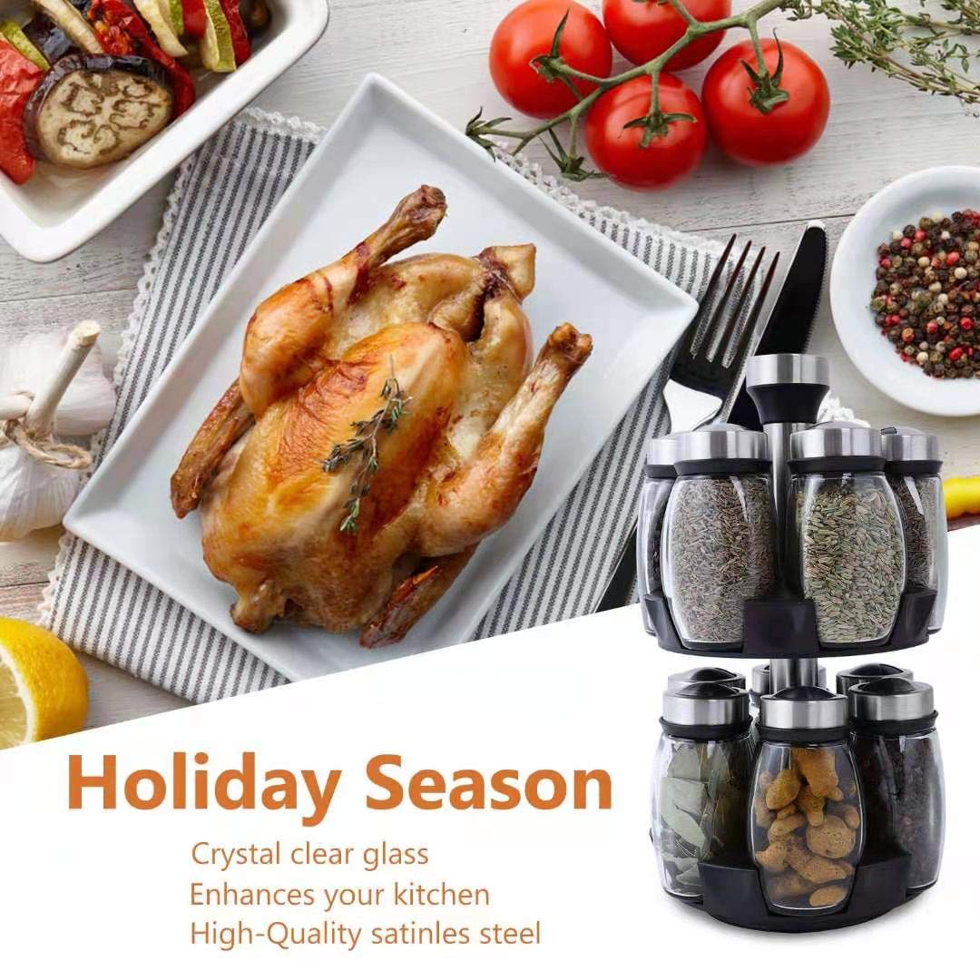 Handisen Revolving Spice Rack Organizer Storage for kitchen, Spice Stand Holder, Spinning Countertop Herb and Spice Rack Organizer with 12 Glass Jar Bottles Set
