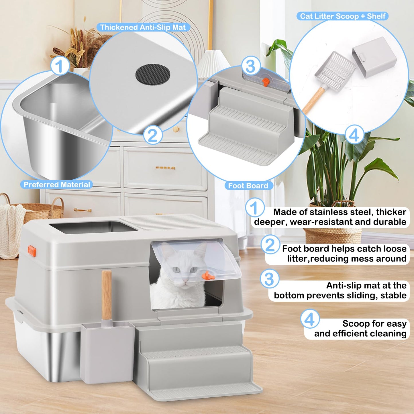 Large Top Entry Stainless Steel Litter Box with Lid,for Large Cats, with Removable Lid, Pedal and Scoop. Odor-Free, Easy to Clean, Anti-Urine Leakage, for Big/Multiple Cats (Grey)