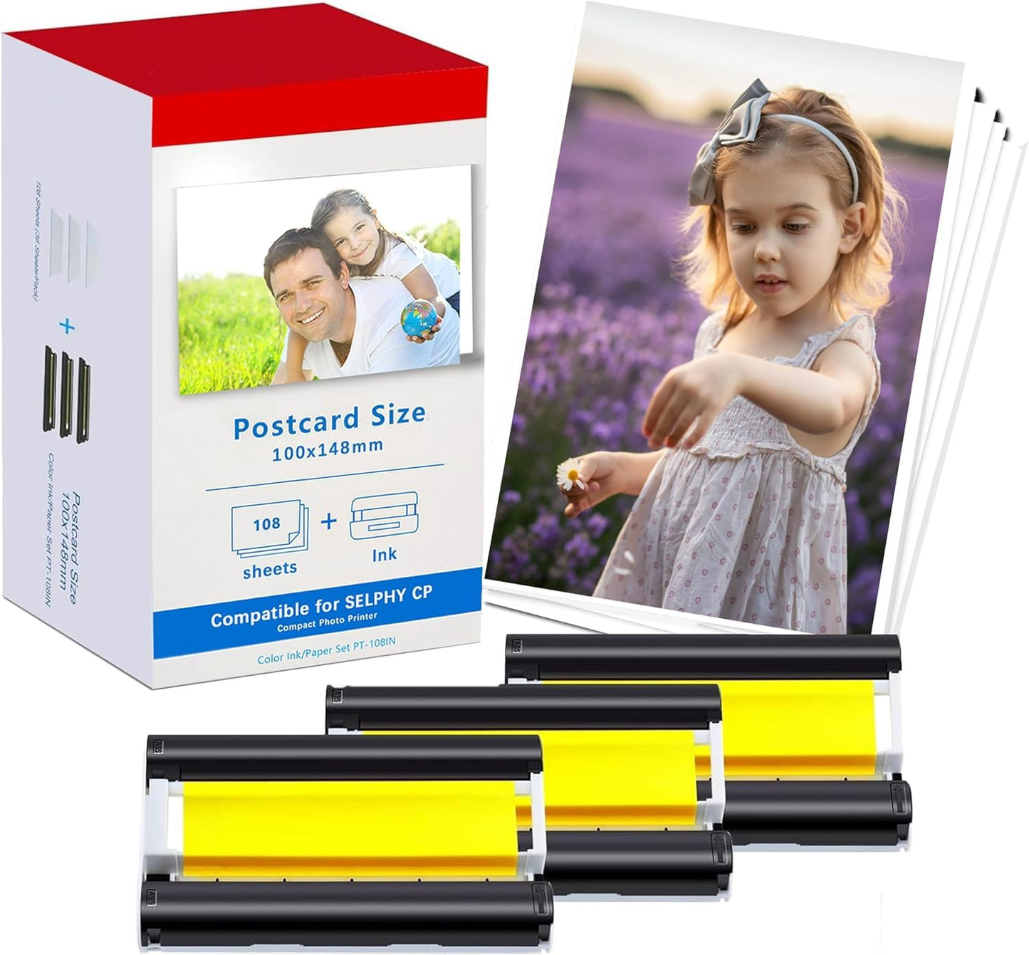 KP-108IN Ink and Paper Set Compatible with Canon Selphy CP1500 CP1300 CP1000 CP1200 CP910 KP108 3Color Ink Cartridge and 108 Sheets 4x6 Photo Paper Replace for Canon Selphy KP-108IN CP800 CP810