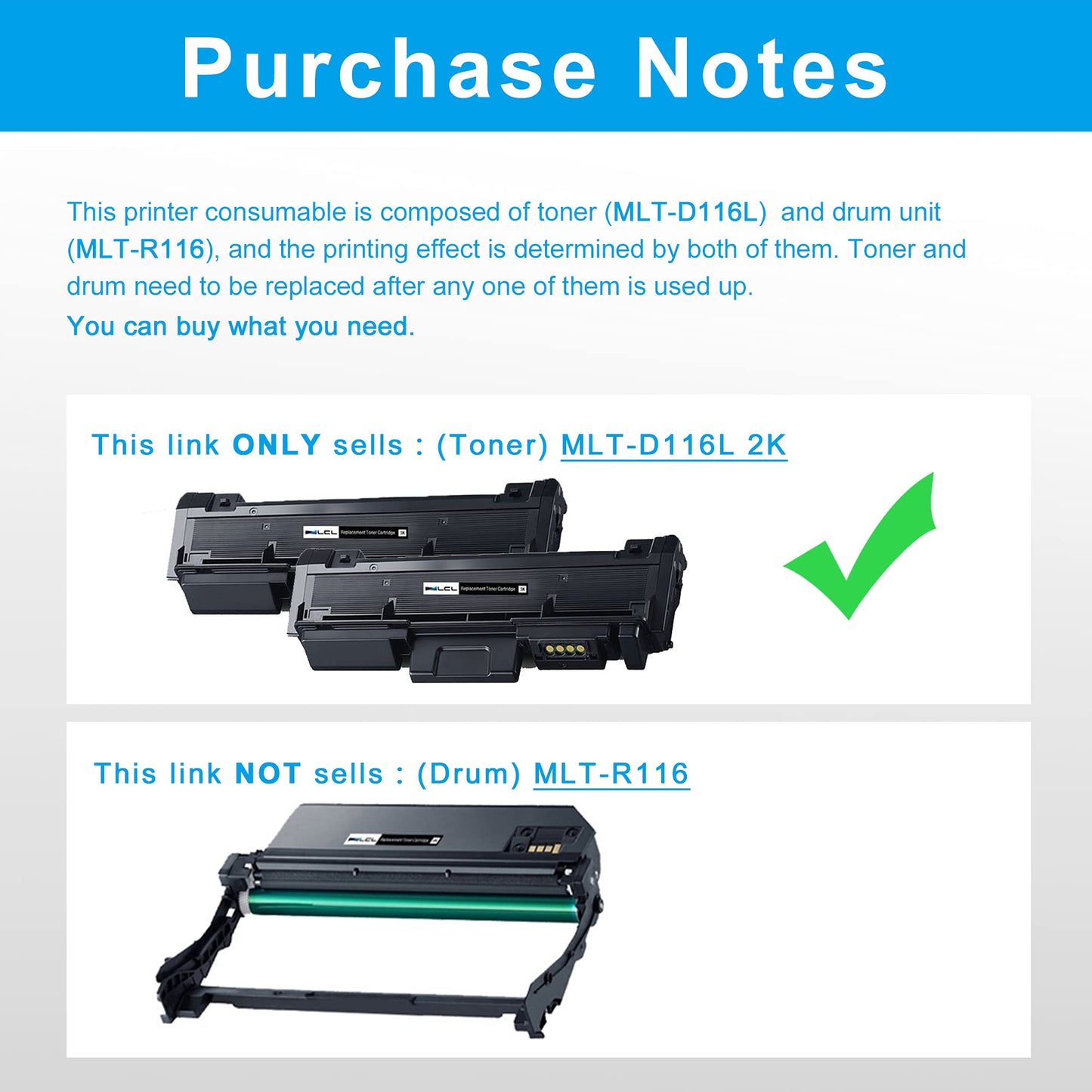LCL Compatible Toner Cartridge for Samsung MLT-D116L MLT-D116S 3000 Pages for Samsung Xpress SL-M2825DW SL-M2835DW SL-M2885FW SL-M2625D M2825DW M2835DW M2885FW M2875FD M2875FW M2625D(2-Pack,Black)