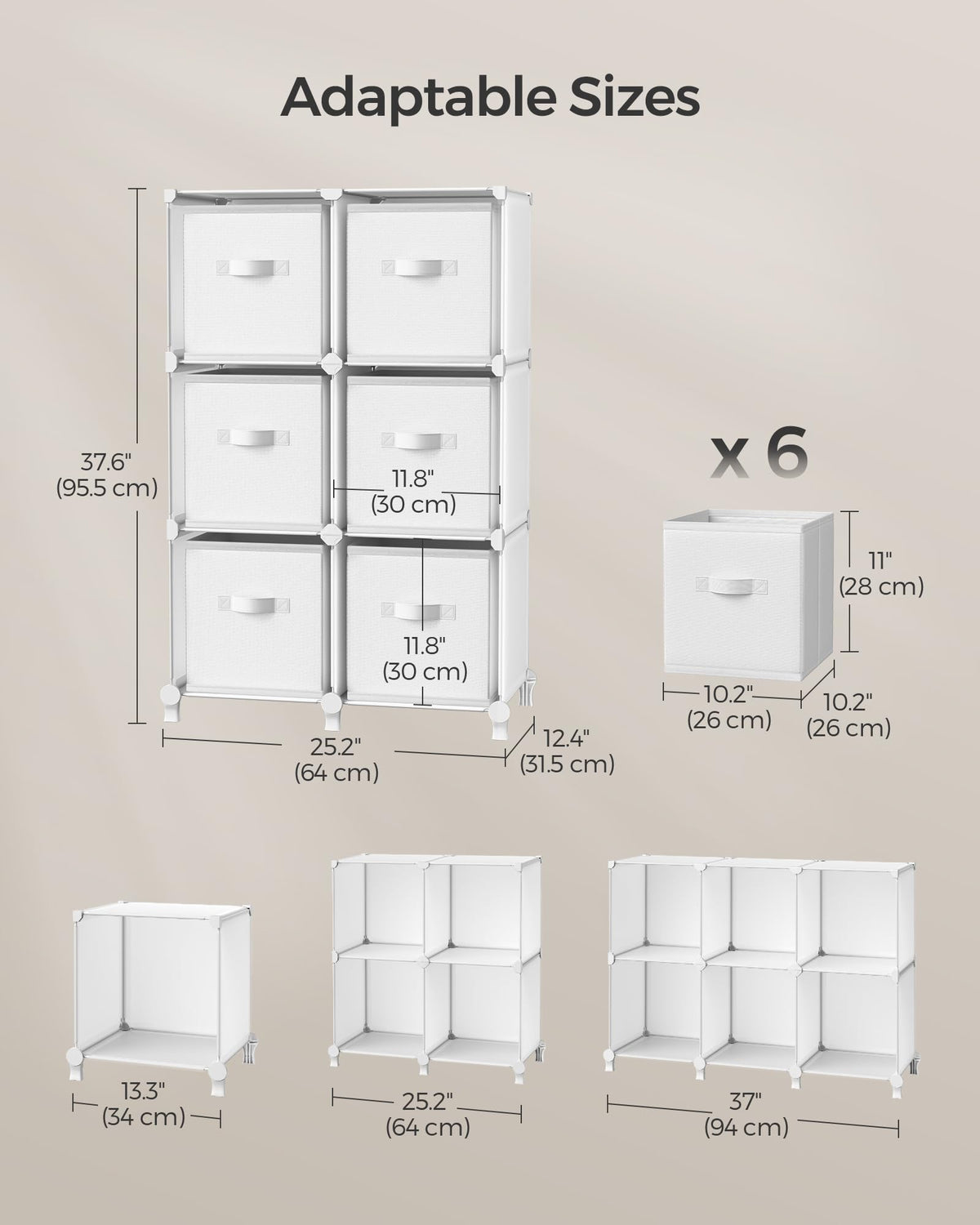 SONGMICS Cube Storage Organizer with Storage Boxes, 6-Cube Organizer, 6 Collapsible Non-Woven Fabric Bins, Customizable, Space-Saving, Living Room, Cloud White ULPC062W06