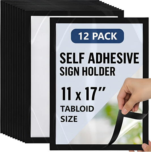 12 Pack Magnetic Sign Holder 11 x 17 with Adhesive Back - Magnetics Poster Frame & Magnetic Paper Holder - Reusable Adhesive Frames 11x17 - Magnet Frame for Wall Windows - Magnet Document Holders