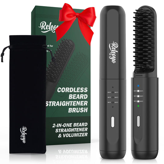Beard Straightener for Men, REHOYO Cordless Heated Hair & Beard Brush with Anti-Scald & Ionic Technology, 3 Temperature Setting Beard Straightener Comb, Portable Straightening Brush, Fathers Day Gift