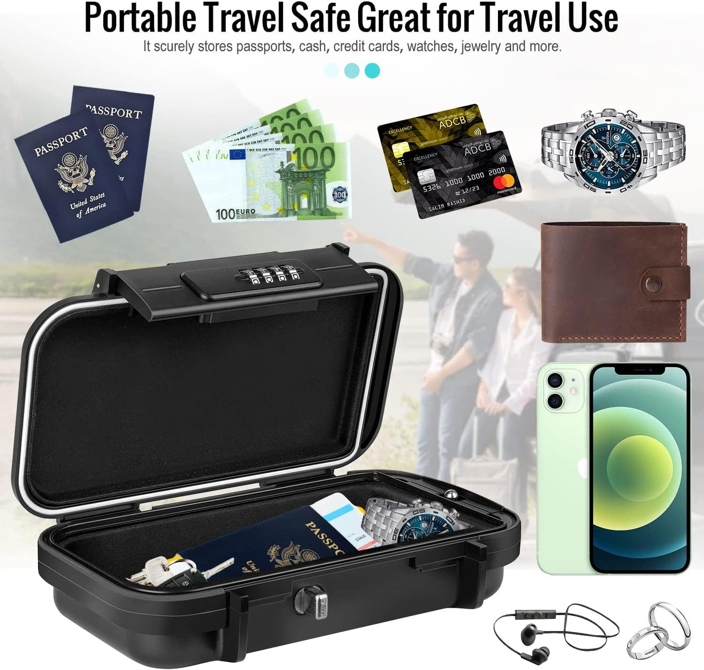 BKNOOU Travel Safe Portable Beach Safe Box Small Combination Safe Anti-Theft Lock Box Safe Waterproof Mini Security Case with Removable Wire Rope Security Box for Home,Office,Hotel,Cars,Travel (Black)