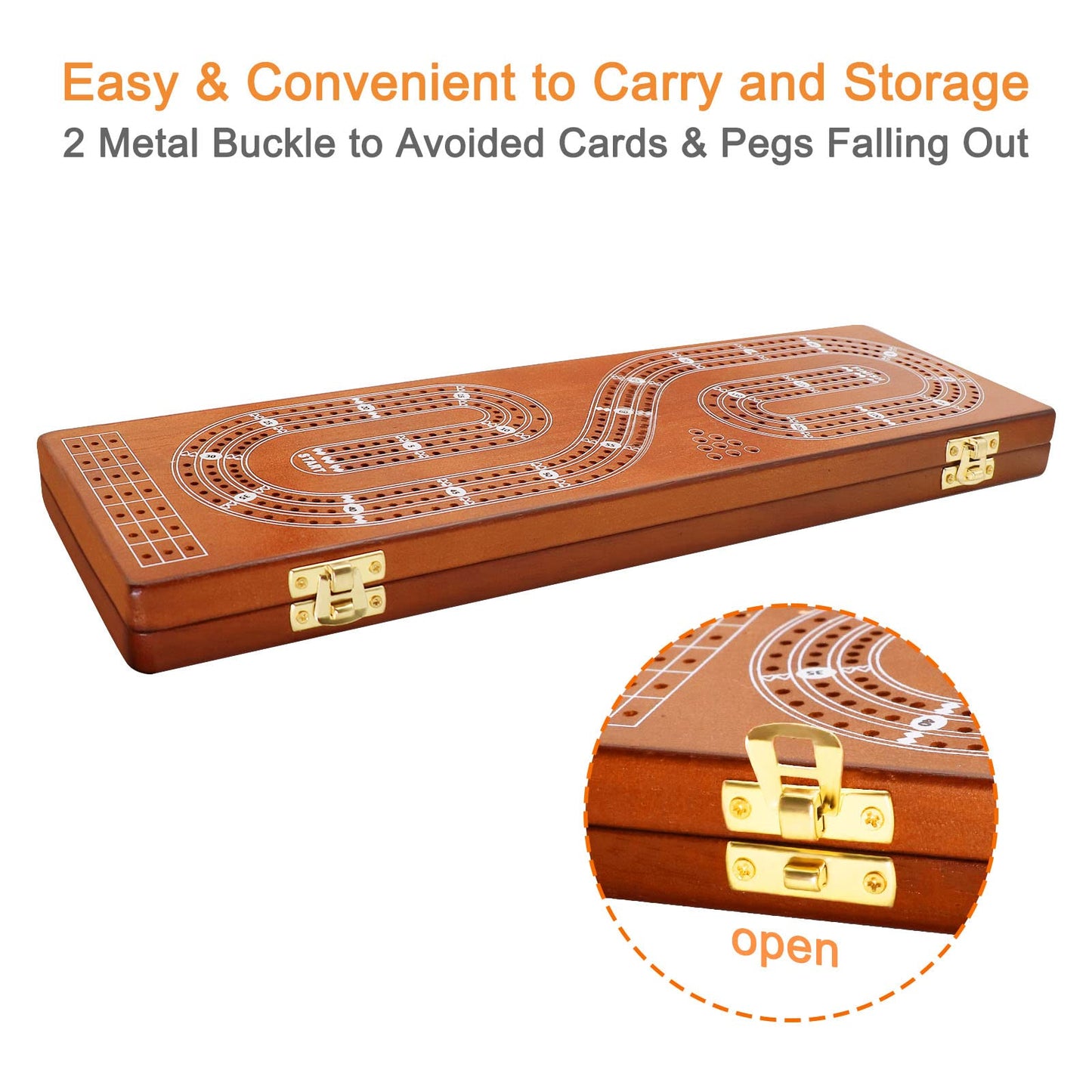 Cribbage Board 3 Tracks, Plusvivo Premium Solid Oak Crib Board with 9 Cribbage Pegs Metal & 2 Storage Area, 15.5" X 4.9" X 1.2" for Travel Foldable Cribbage Board Game…