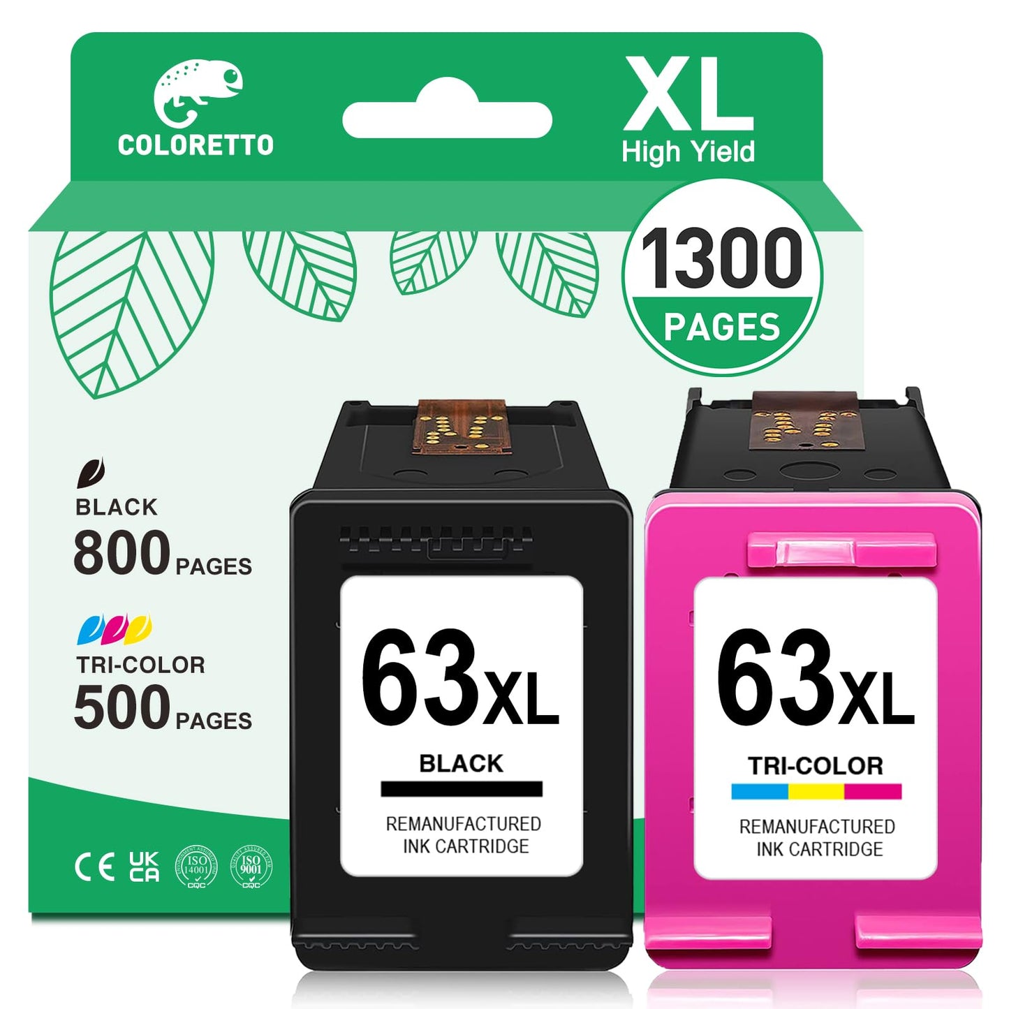 COLORETTO 63 XL 63XL Ink Cartridge Compatible with HP Officejet 3830 4650 3833 4516 4520 4522 4652 5255 5200 5222 Envy 4516 4522 Deskjet 3630 3632 2132 Printer 1 Black 1 Color 2-Pack