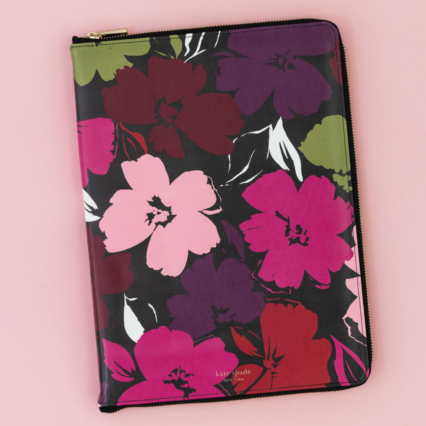 Kate Spade New York 13.25" x 9.5" Faux Leather Notepad Zip Folio with Interior Pocket, Legal Pad, Gold Zipper Close, and Pen Loop, Painterly Blooms
