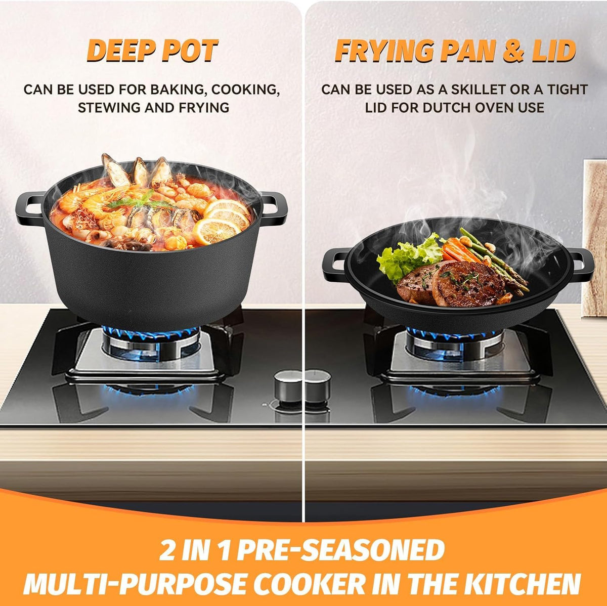 Cast Iron Pot Dutch Oven for Bread Baking, Cast Iron Casserole Dish with Lid Baking Cooking Supplies, 2-in-1 Dutch Oven Pot with Skillet, 5.2QT