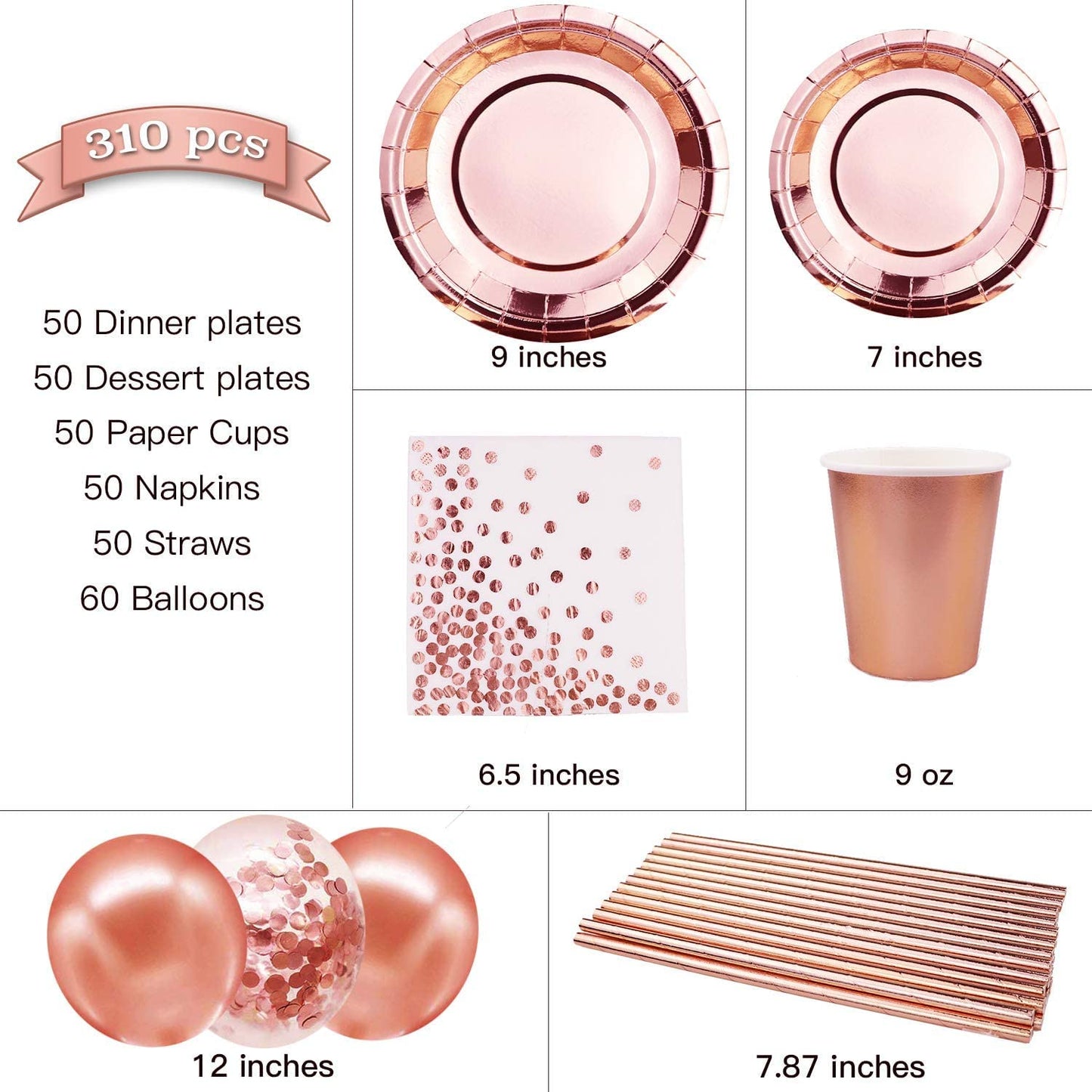 310PCS Rose Gold Party Supplies - Disposable Paper Plates Dinnerware Set Rose Gold Dots 50 Dinner Plates 50 Dessert Plates 50 Cups 50 Napkins 50 Straws 60 Balloons Birthday Party Wedding Holiday