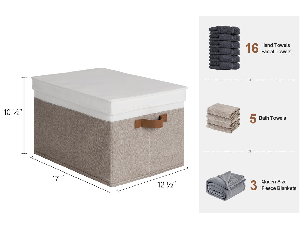 StorageWorks Lidded Large Storage Bins, Foldable Closet Basket with PU Sewn Handles, Decorative Boxes for Clothes, Blankets, Brown and White, Jumbo, 3-Pack