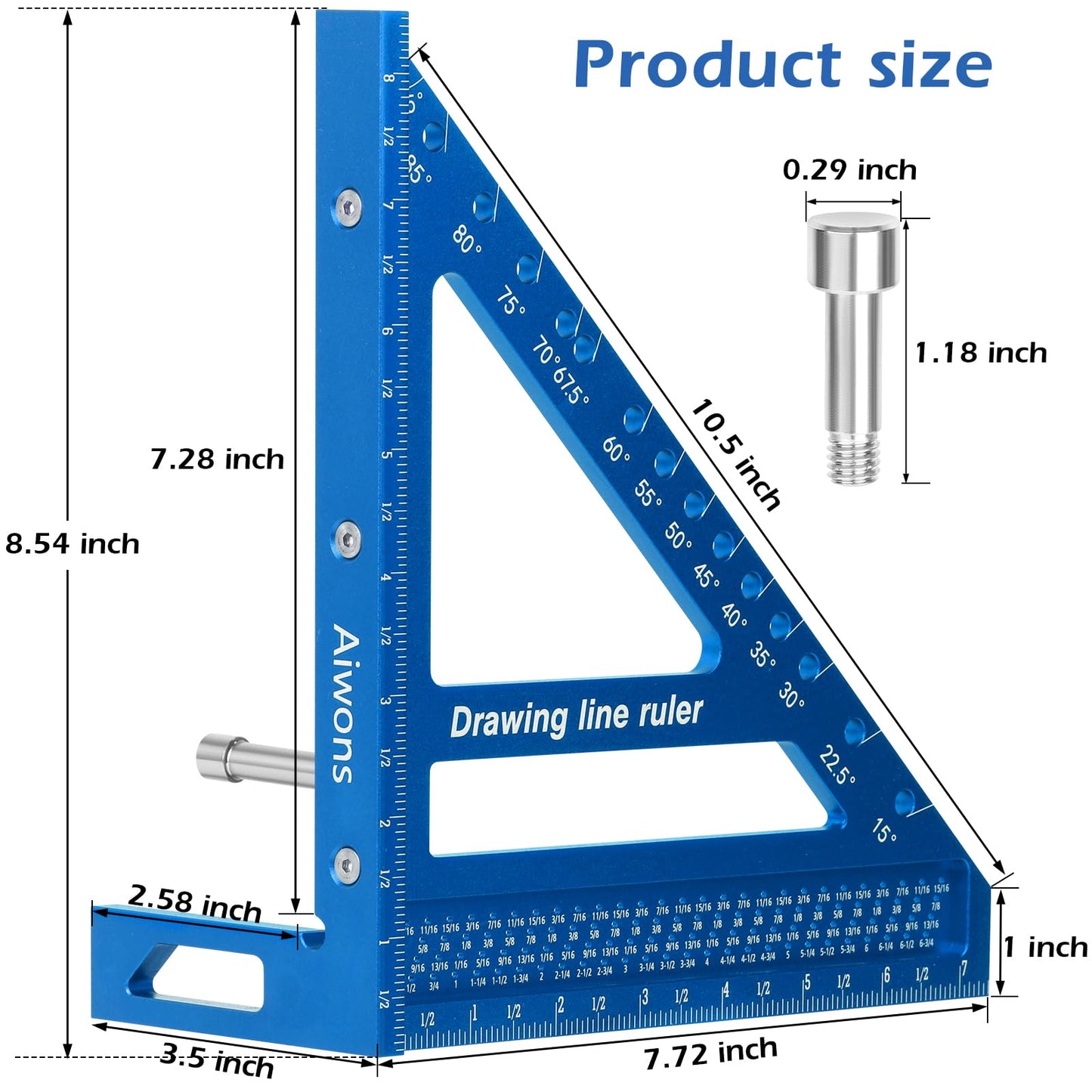 Aiwons 8.5inch 3D Multi-Angle Measuring Ruler -Large Precision Woodworking 3D Square Protractor 15-90 Degree and Miter Triangle Ruler - Aluminum Alloy Drawing Line Ruler for Engineer Carpenter Blue