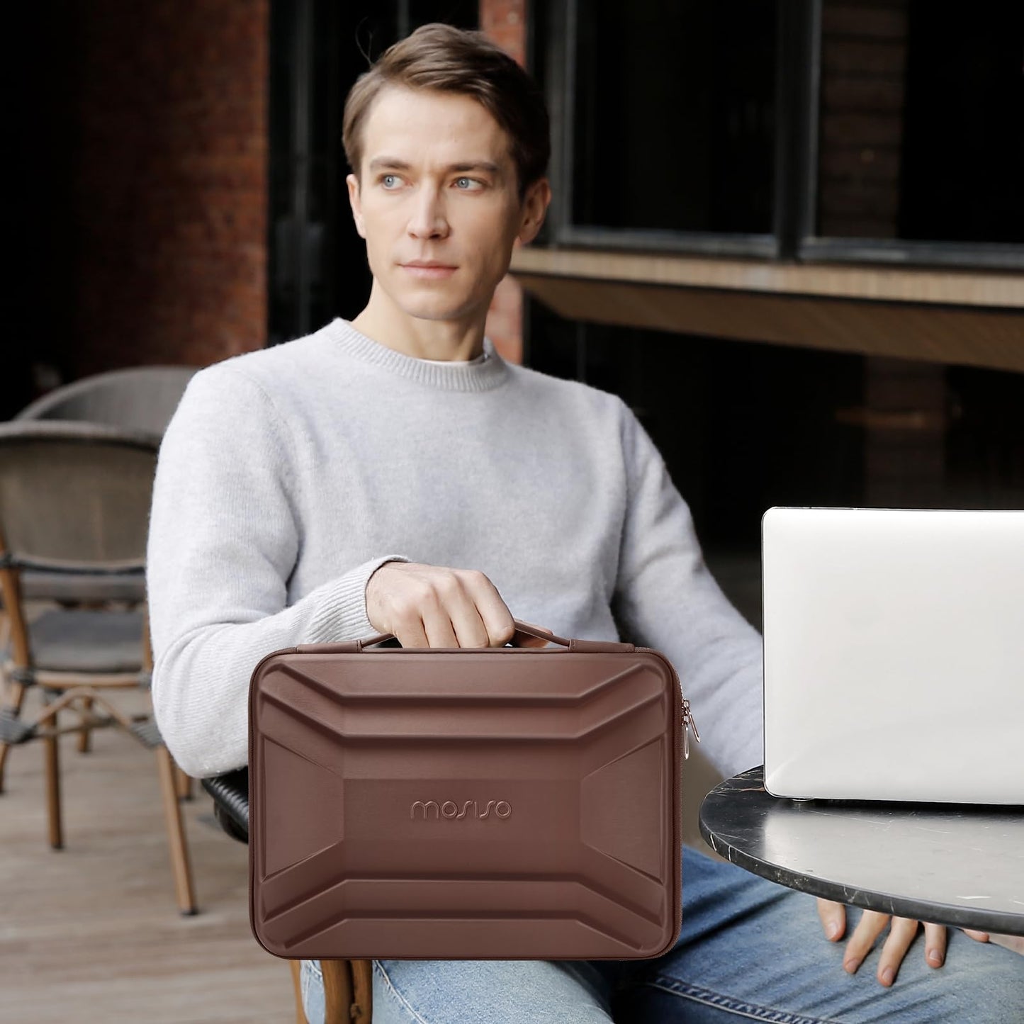 MOSISO 13-14 inch Laptop Hard Case, 13.3 inch Waterproof Shockproof Computer Bag Compatible with MacBook HP Dell, Symmetrical Trapezoid EVA Carrying Laptop Sleeve Hard Shell with Handle, Brown