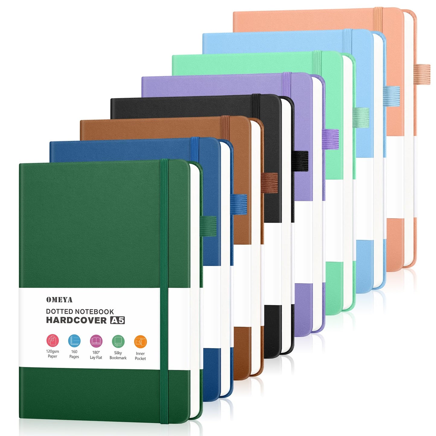 Bullet Dotted Journal Notebook 8 Pack: 160 Pages Per Pack, A5 Medium Size(5.75" × 8.38"), 120 GSM Thick Paper, Leather Dotted Notebook, Hardcover Dot Grid Notebook, Dot Journal for Wrting, Gift