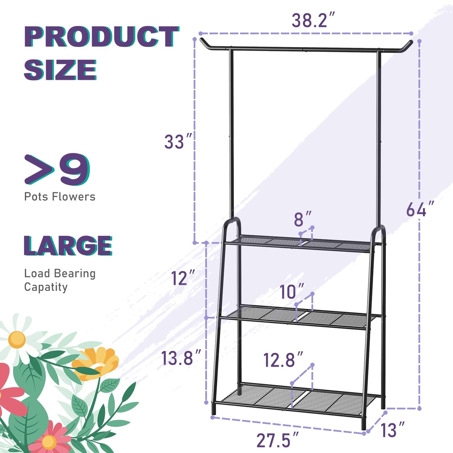 Metal Plant Stand Indoor Outdoor, 3 Tier Tall Corner Plant Shelf, Hanging Flower Ladder for Living Room, Balcony, Garden, Patio (Black)