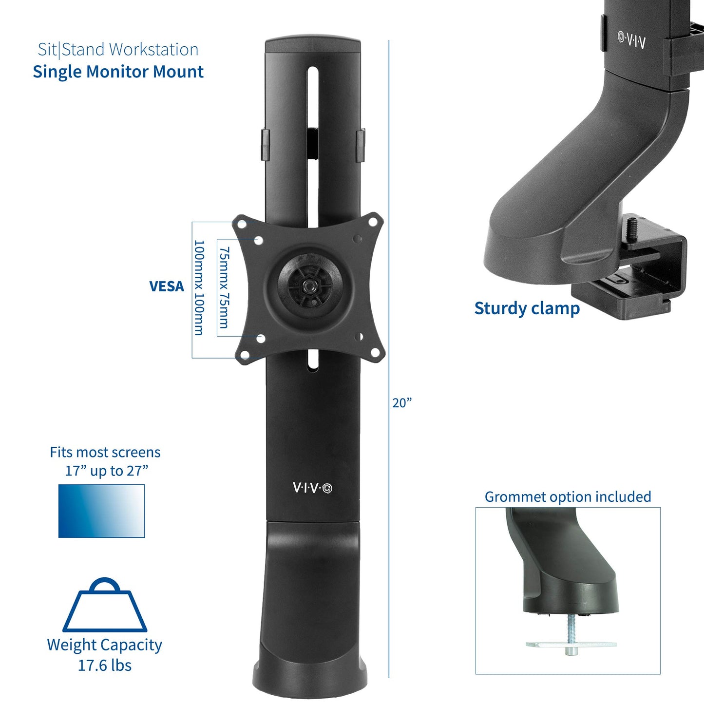 VIVO Black Adjustable Single Monitor Mount for Sit-Stand Workstation, Desk Converter, Monitor Arm Fits 1 Screen up to 32 inches STAND-V001U