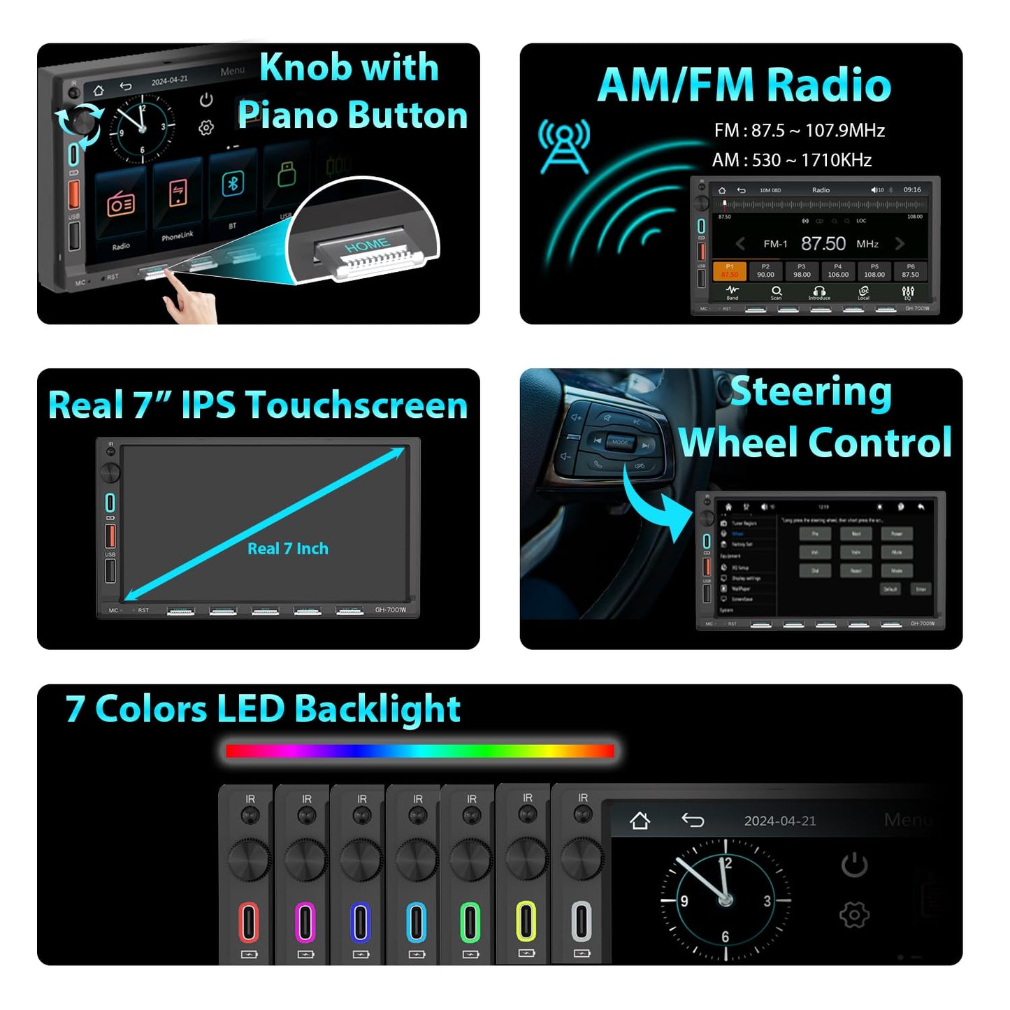 Alondy Double Din Car Stereo Bluetooth Compatible with [Wireless] Apple CarPlay/Android Auto 7" Touchscreen AM/FM Radio USB (Fast Charge 3A) Backup Camera