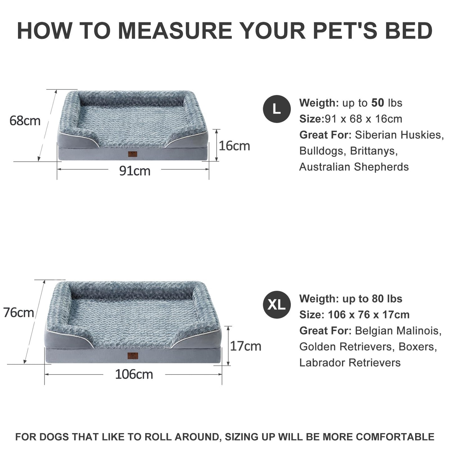 BFPETHOME Dog Beds for Extra Large Dogs, Washable, Bolster Sofa Bed with Waterproof Lining & Non-Skid Bottom, Orthopedic Egg Foam Couch for Pet Sleeping, Pet Bed