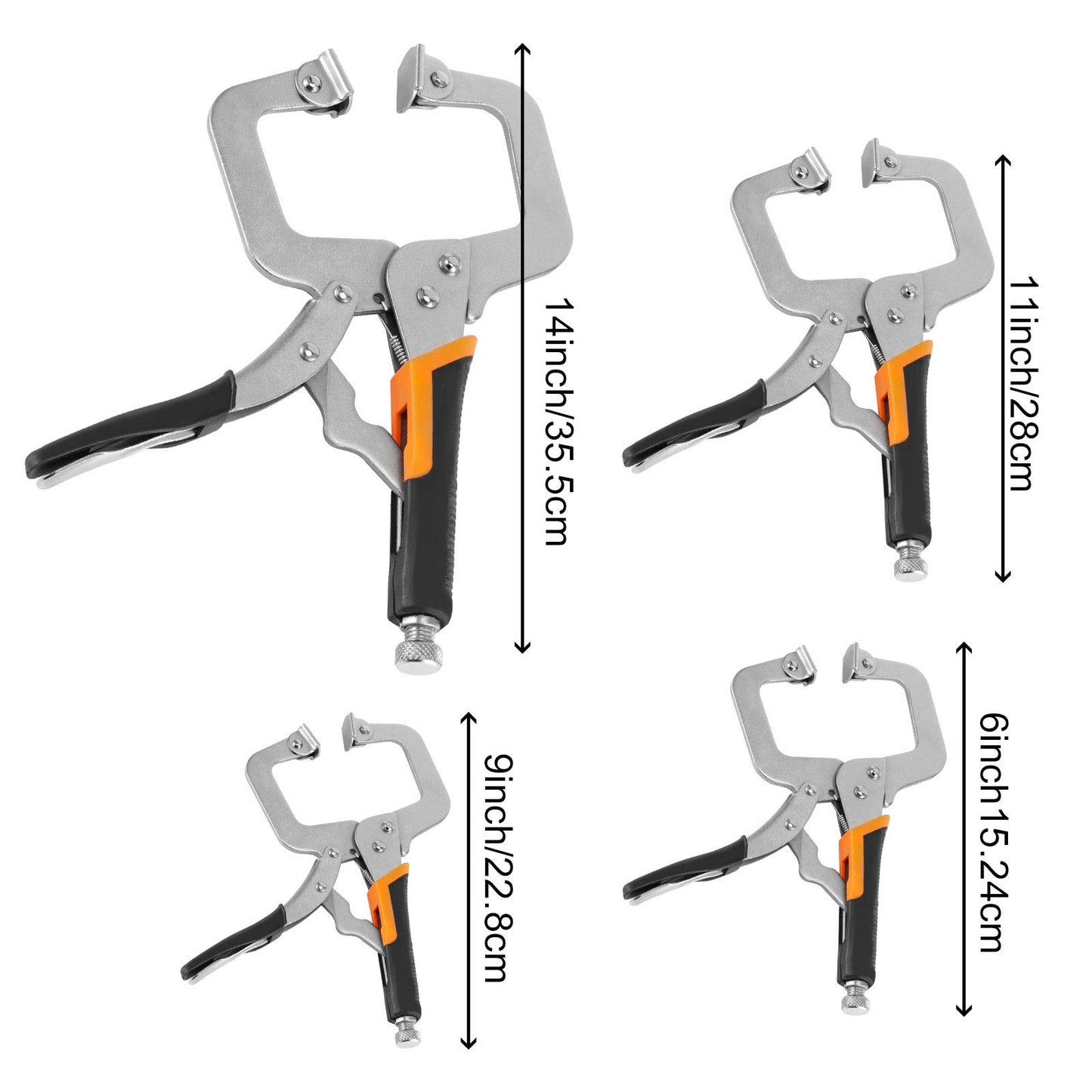 ZOENHOU 4 Pack 6" 9" 11" 14" Face Clamp C-Clamp Locking Pliers, Adjustable Vise Grip Clamps with Swivel Pad and Rubber Handle, Pocket Hole Clamp for Woodworking, Welding, Aligning