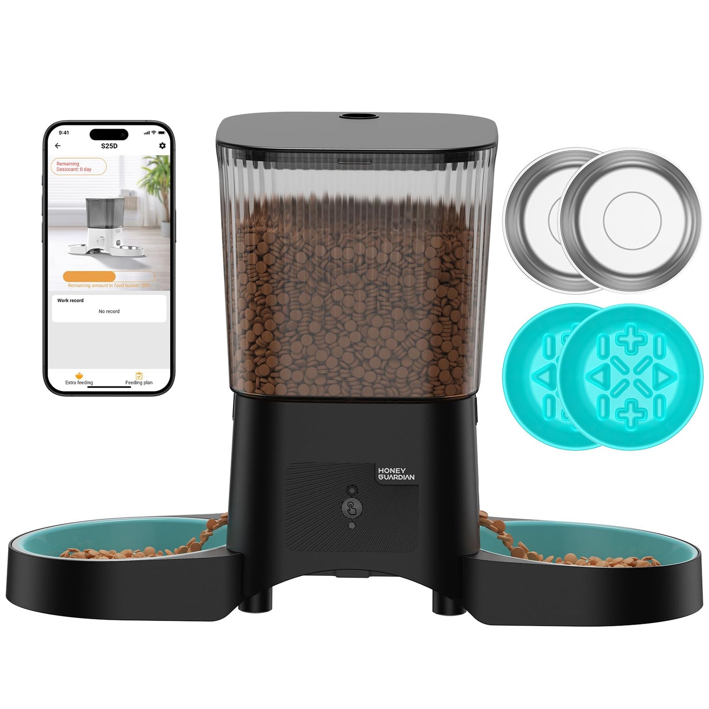 HoneyGuaridan Automatic Cat Feeder with 2.4G/5G WiFi,3.5L Cat Food Dispenser with APP Control – Includes 2 Stainless Steel Bowls & 2 Slow Feeder Anti-Choking Bowls, Four Anti-Slip Feet