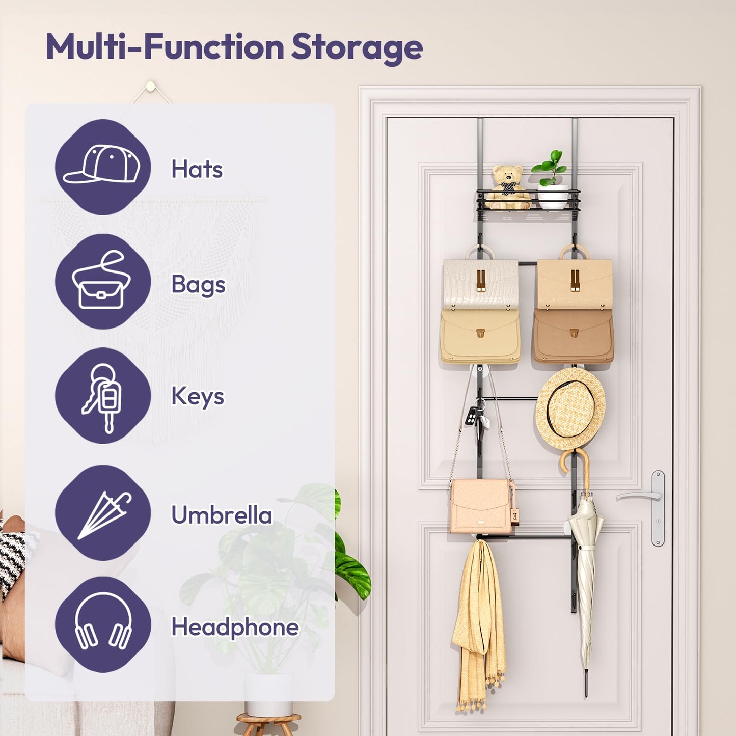 SWTYMIKI Over The Door Purse Organizer - Wall Mounted Handbag Organizer with 16 Hooks and Metal Basket, Hanging Purse Storage Rack Holds up to 16 Bags, Bag Rack Can Use As 1/2 Part, for Door, Closet