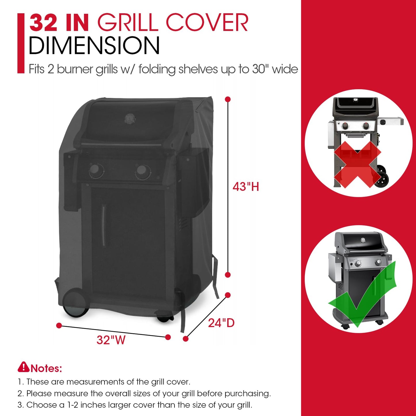 Unicook Heavy Duty Waterproof 2 Burner BBQ Cover, 32-Inch Square Housse BBQ, Small Space Barbecue Grill Cover, Fade Resistant, Compatible for Collapsed Side Tables for Weber Char-Broil and More