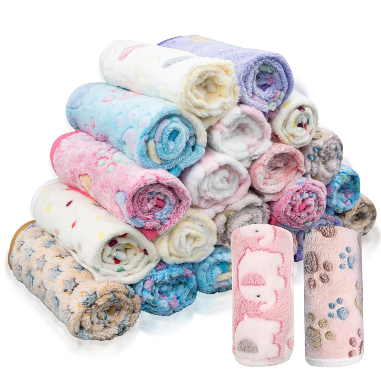 20 Pack Fluffy Pet Blanket, Warm Soft Cat Dog Blankets with Cute Pattern, Washable Flannel Throw for Puppies Small Dogs Cats Kittens (24 x16 inch) (10 Color)