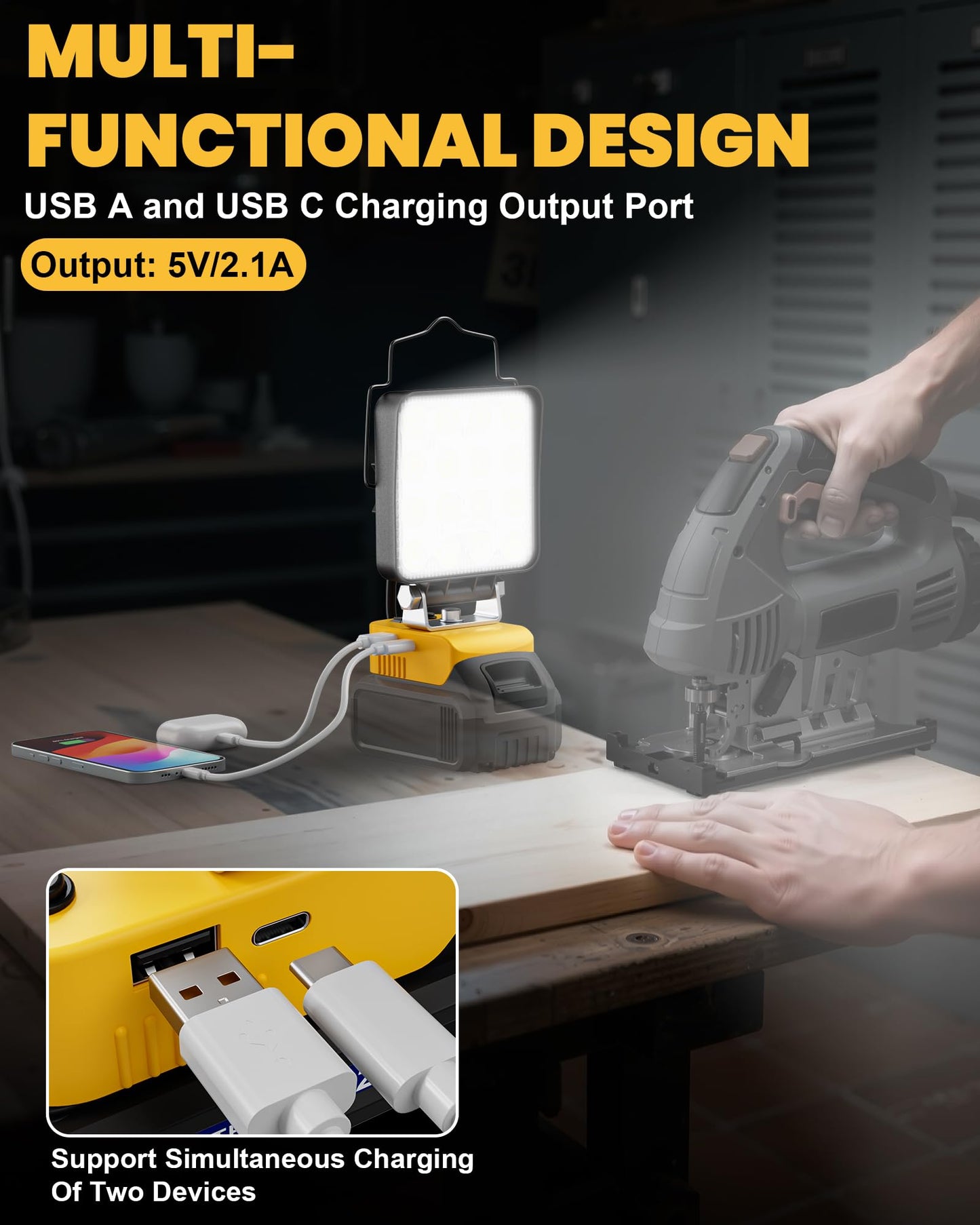 LIVOWALNY Cordless LED Work Light Compatible with Dewalt 20v Battery, 112W 11200LM Flashlight, Portable LED Flood Battery Light with USB A & USB C Charging Output Port for Emergency