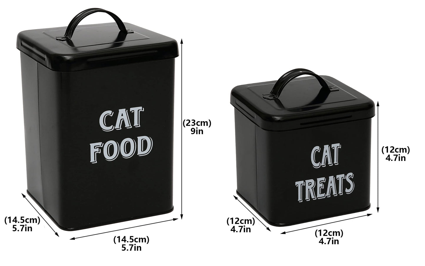 Pethiy cat Food and Treats Containers Set with Scoop for cats-Vintage White Powder-Coated Carbon Steel - Tight Fitting Lids - Storage Canister Tins Small-Black